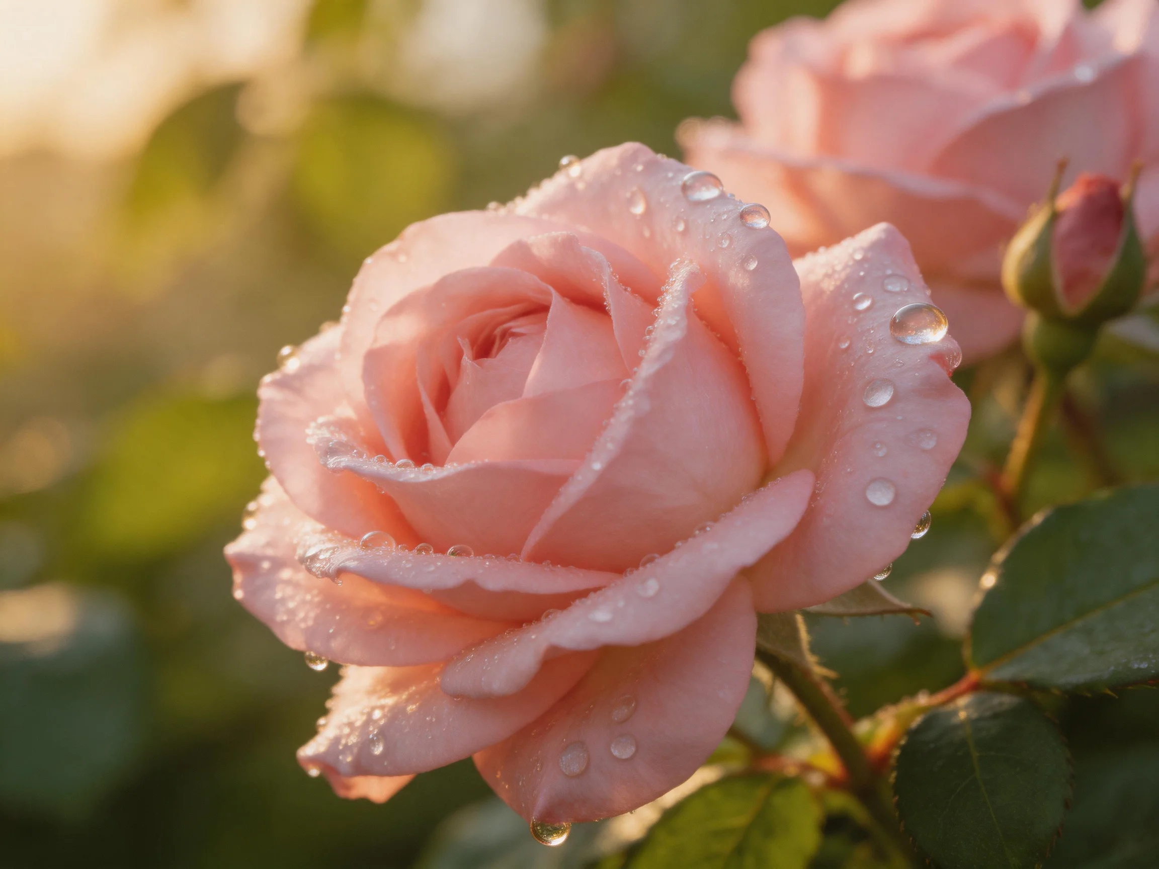 Pink roses with dewdrops, soft golden lighting, and green foliage