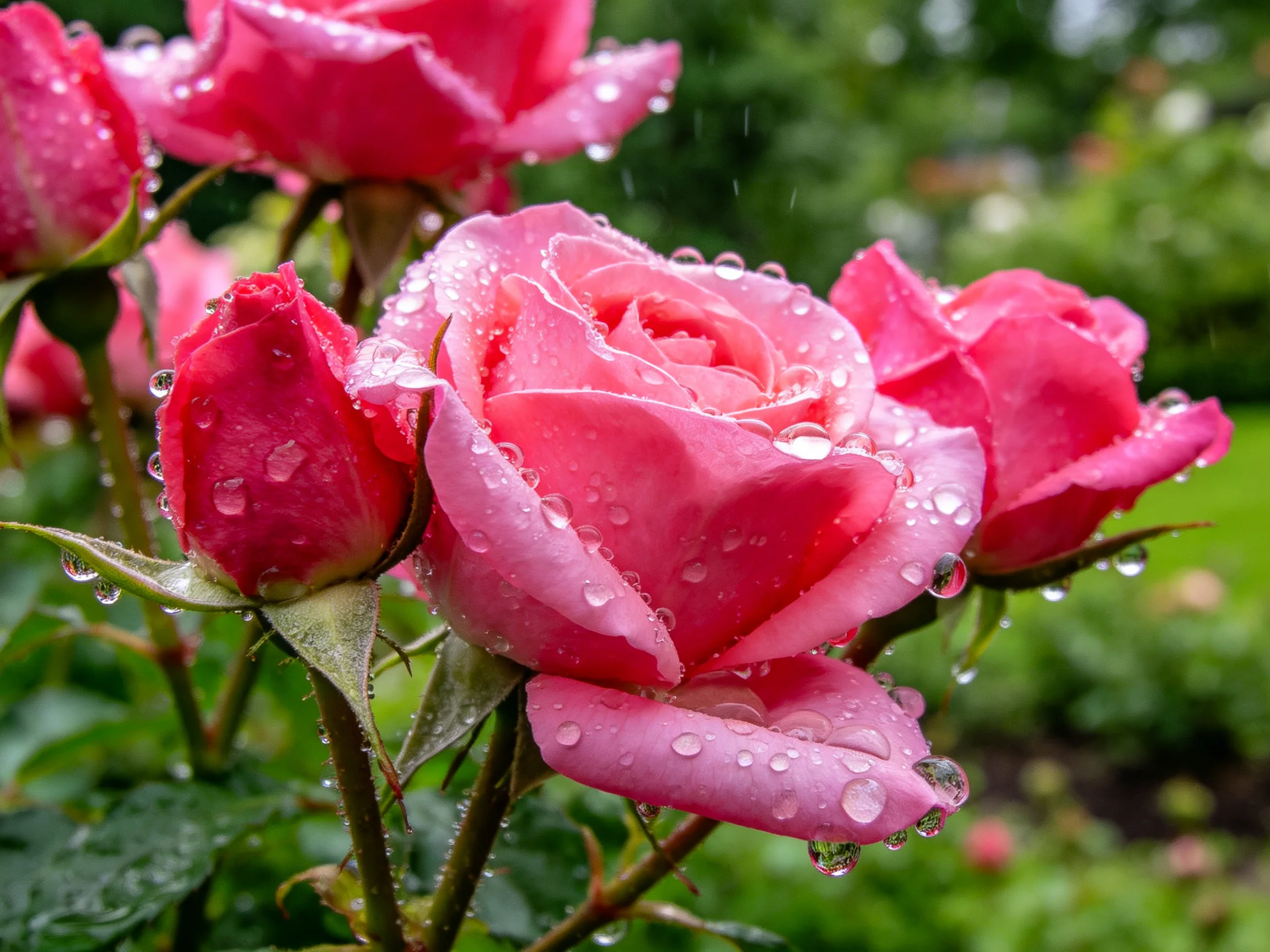 Pink roses with water droplets in a green garden