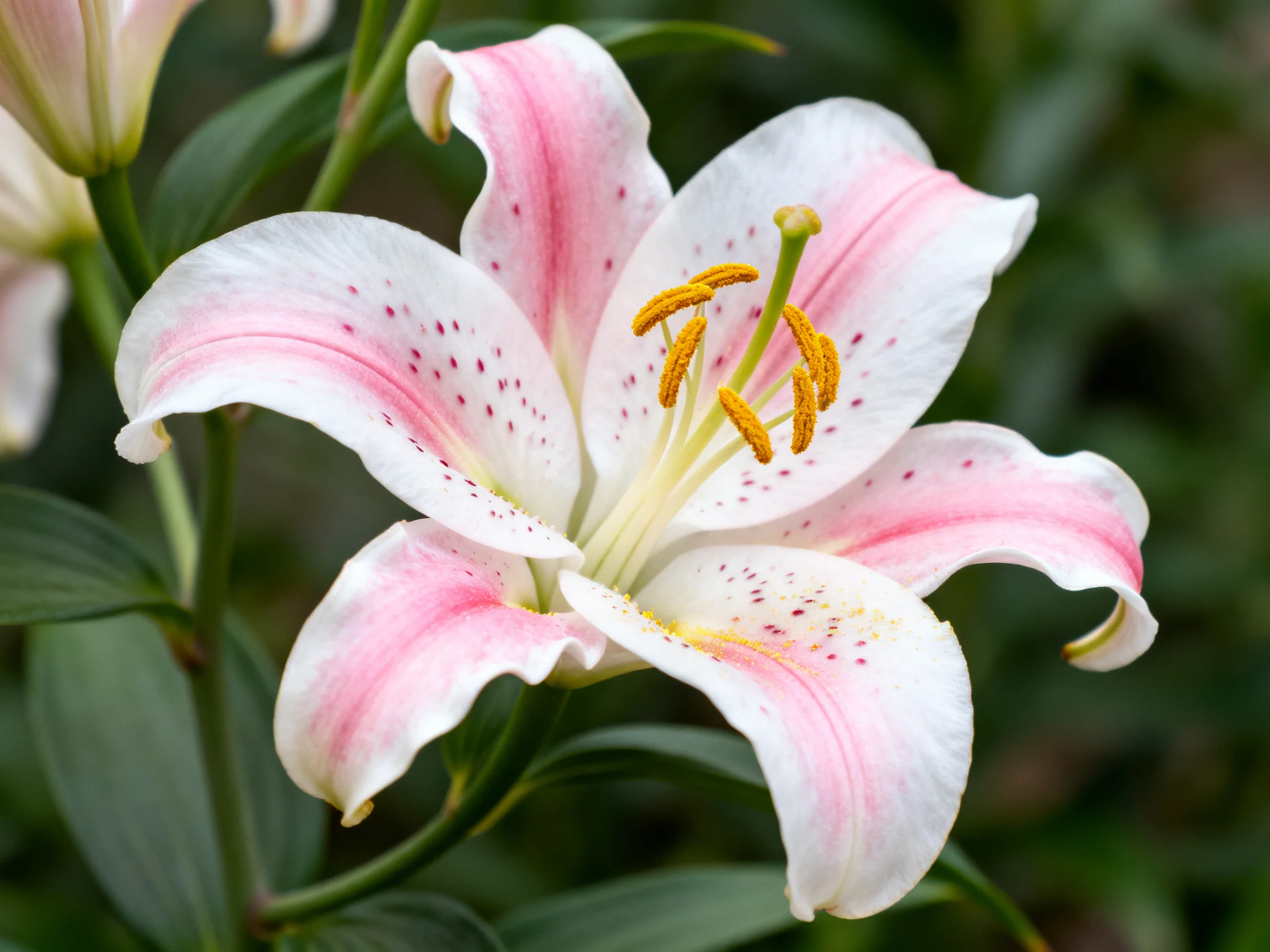 Pink-spotted white lily with golden stamens blooms among green foliage