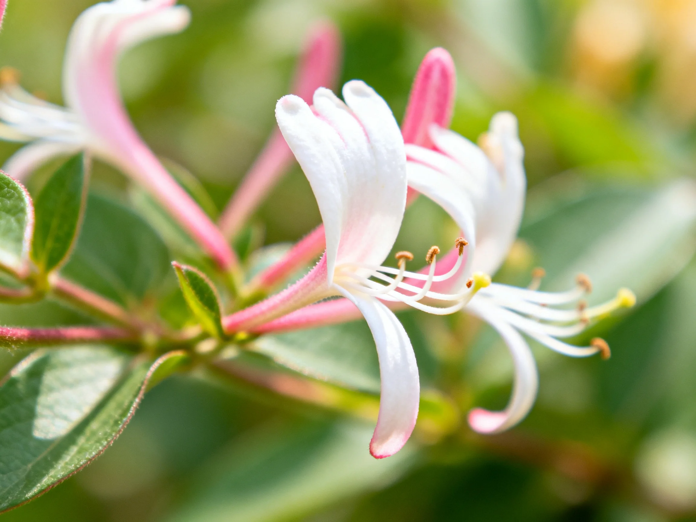 Pink-tipped white flowers with lush green foliage