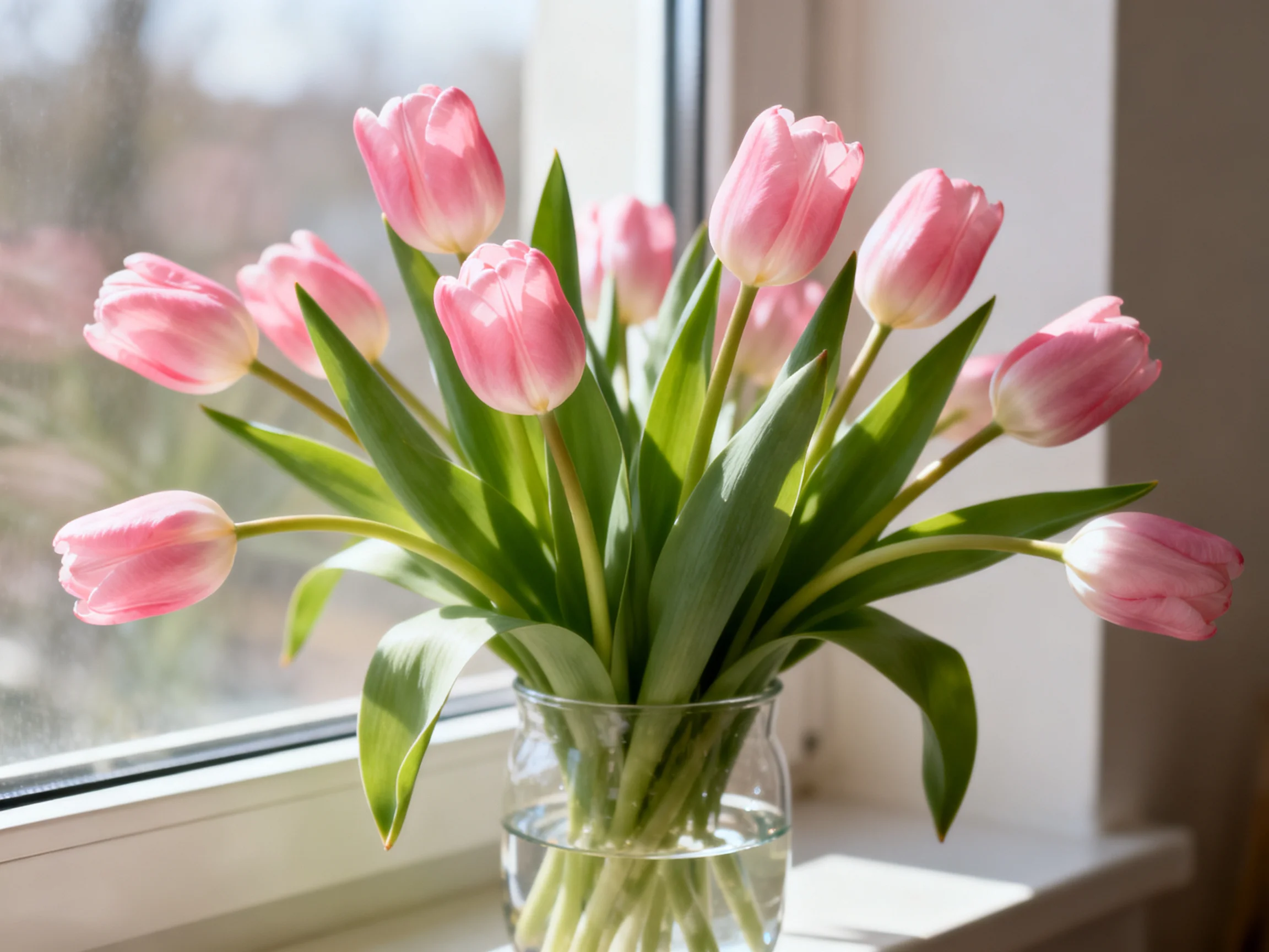 Pink tulip bouquet in a glass vase by a sunlit window