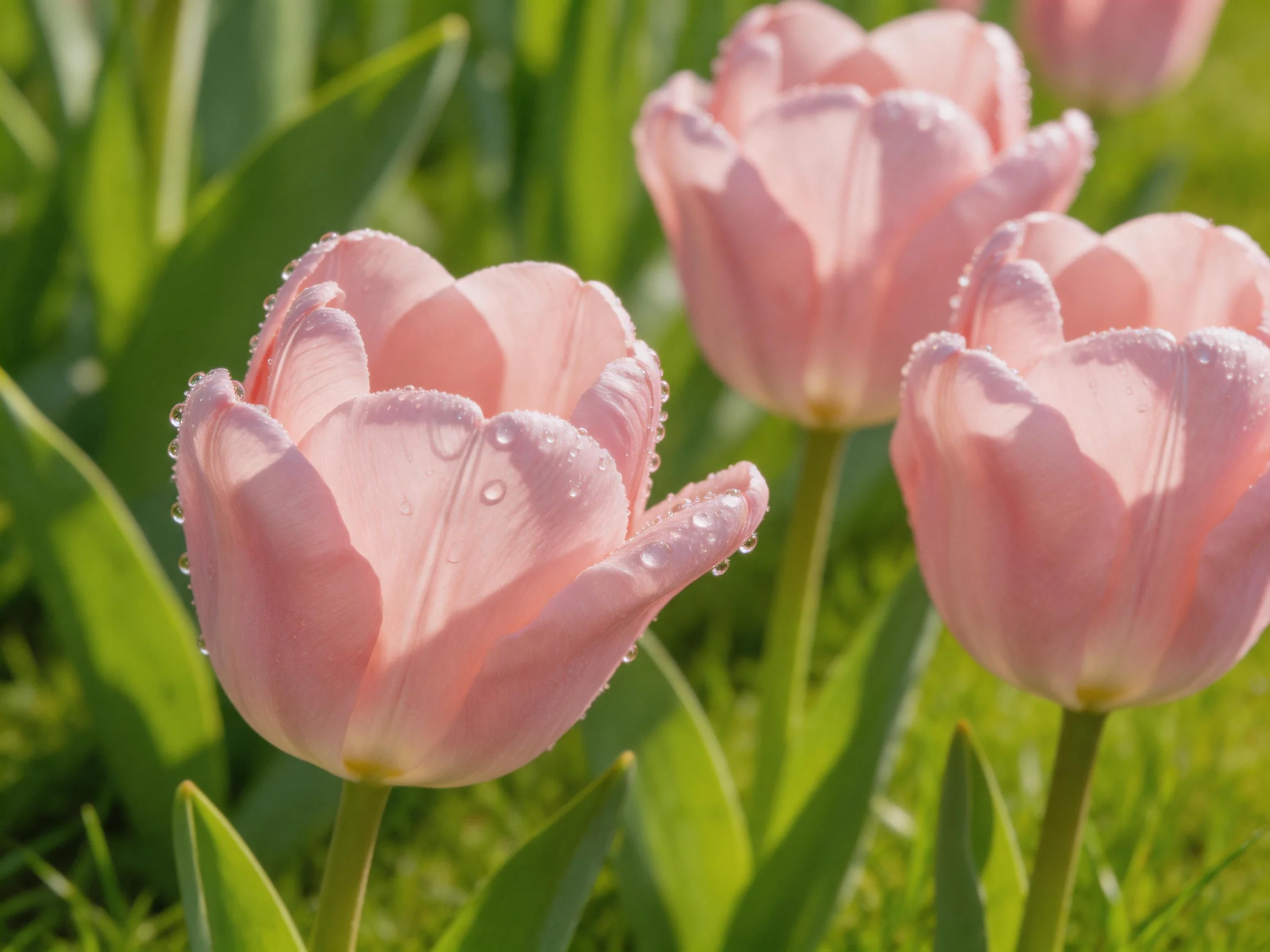 Pink tulips with dewdrops blooming among green foliage