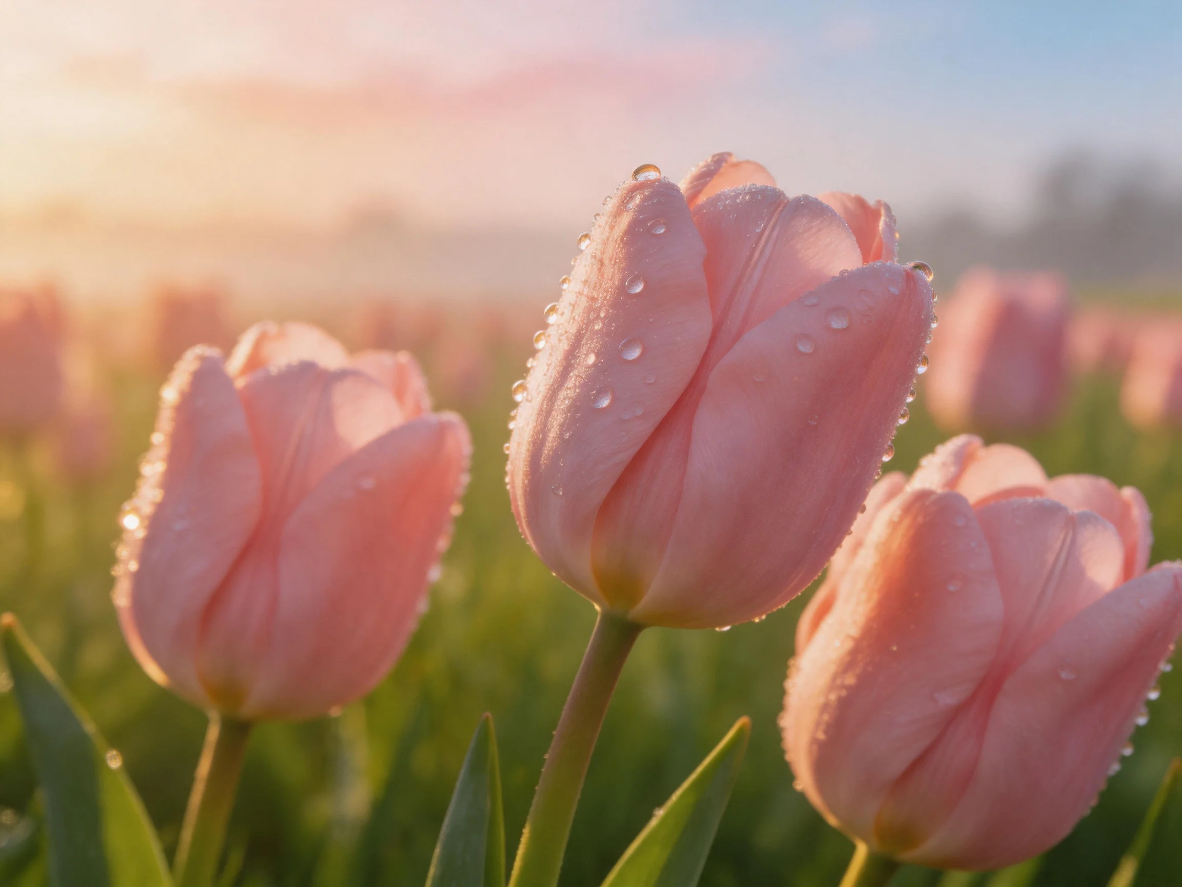 Pink tulips with dewdrops blooming in a sunlit meadow