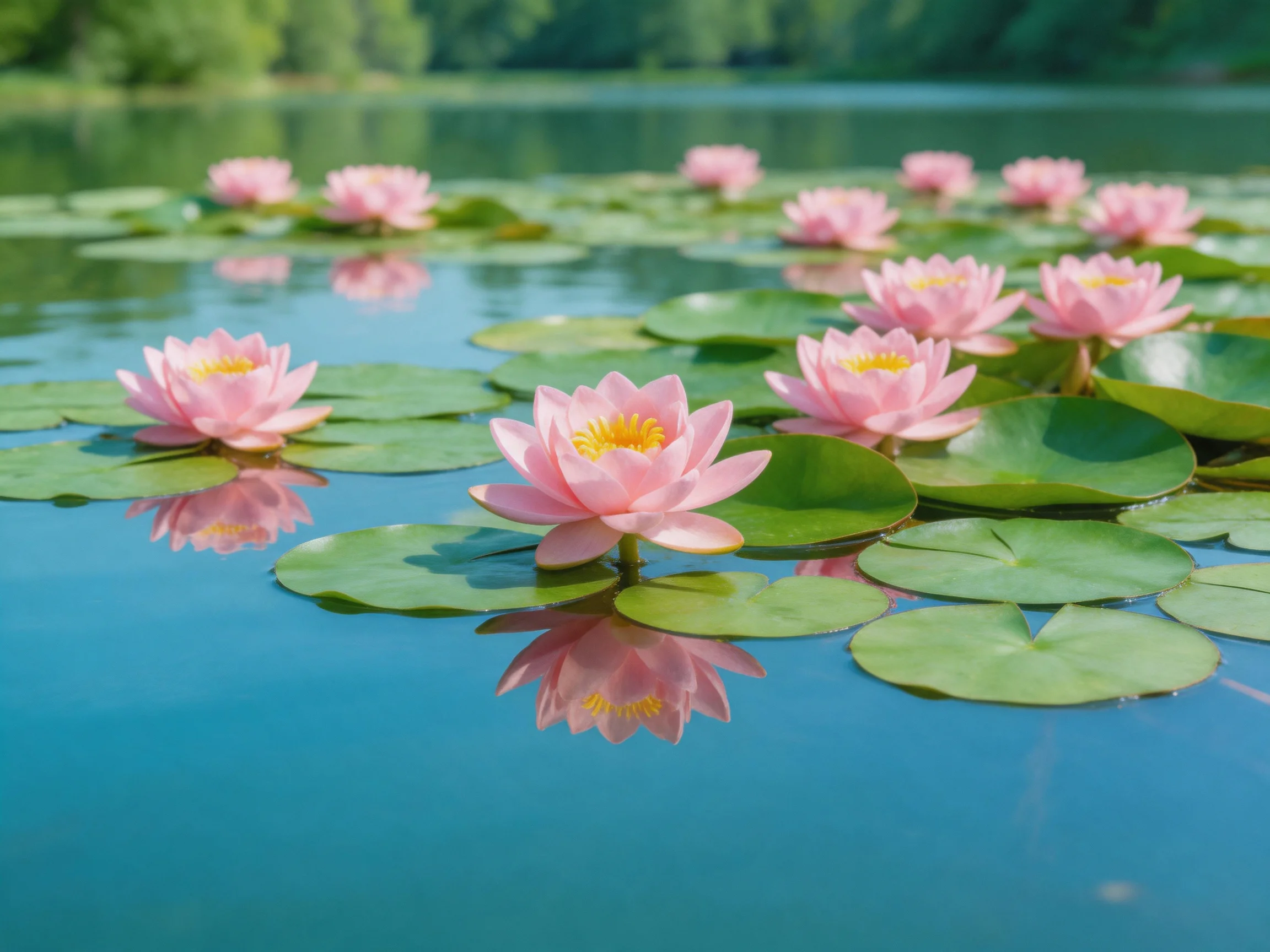Pink water lilies and green lily pads on calm blue water