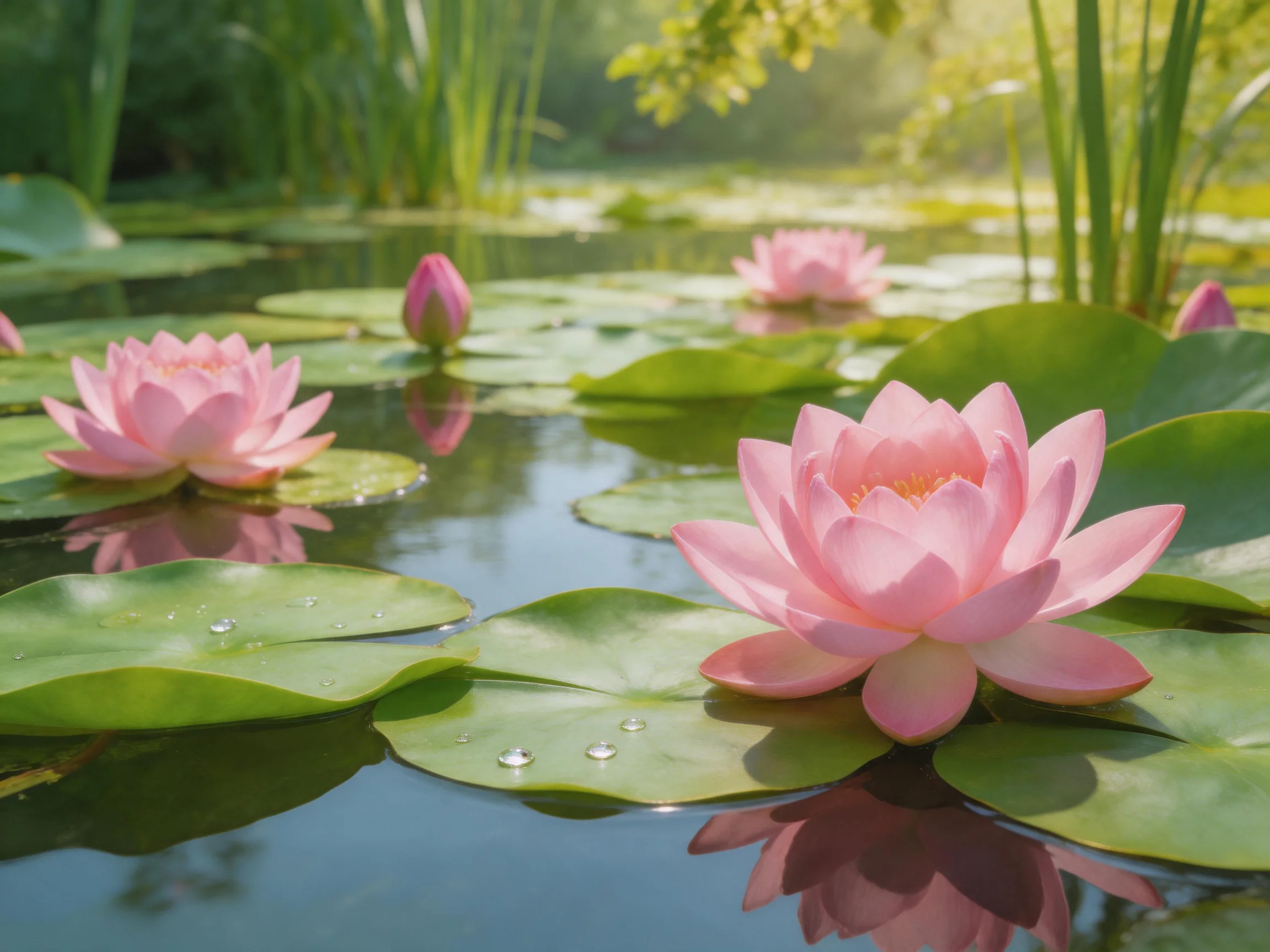 Pink water lilies bloom amid large green leaves in a serene pond