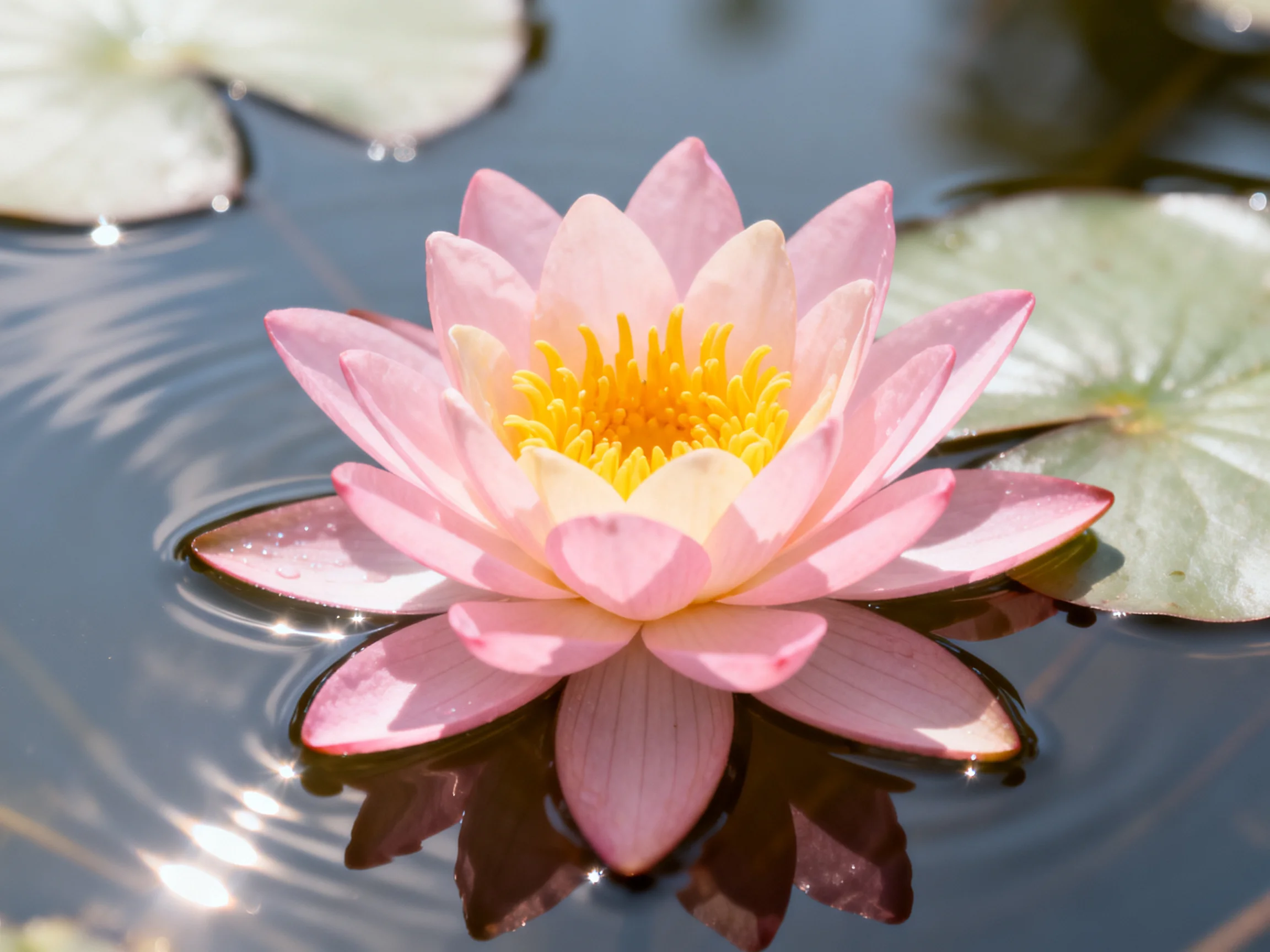 Pink water lily blooming on calm water near green lily pads