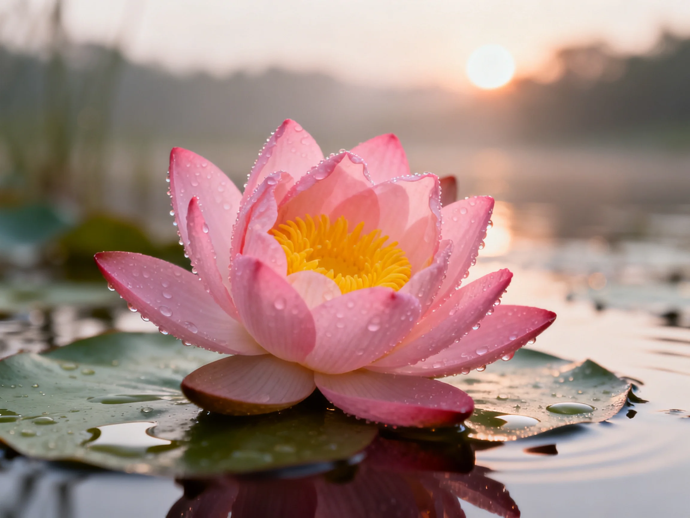 Pink water lily with dewdrops floats on calm water at sunset