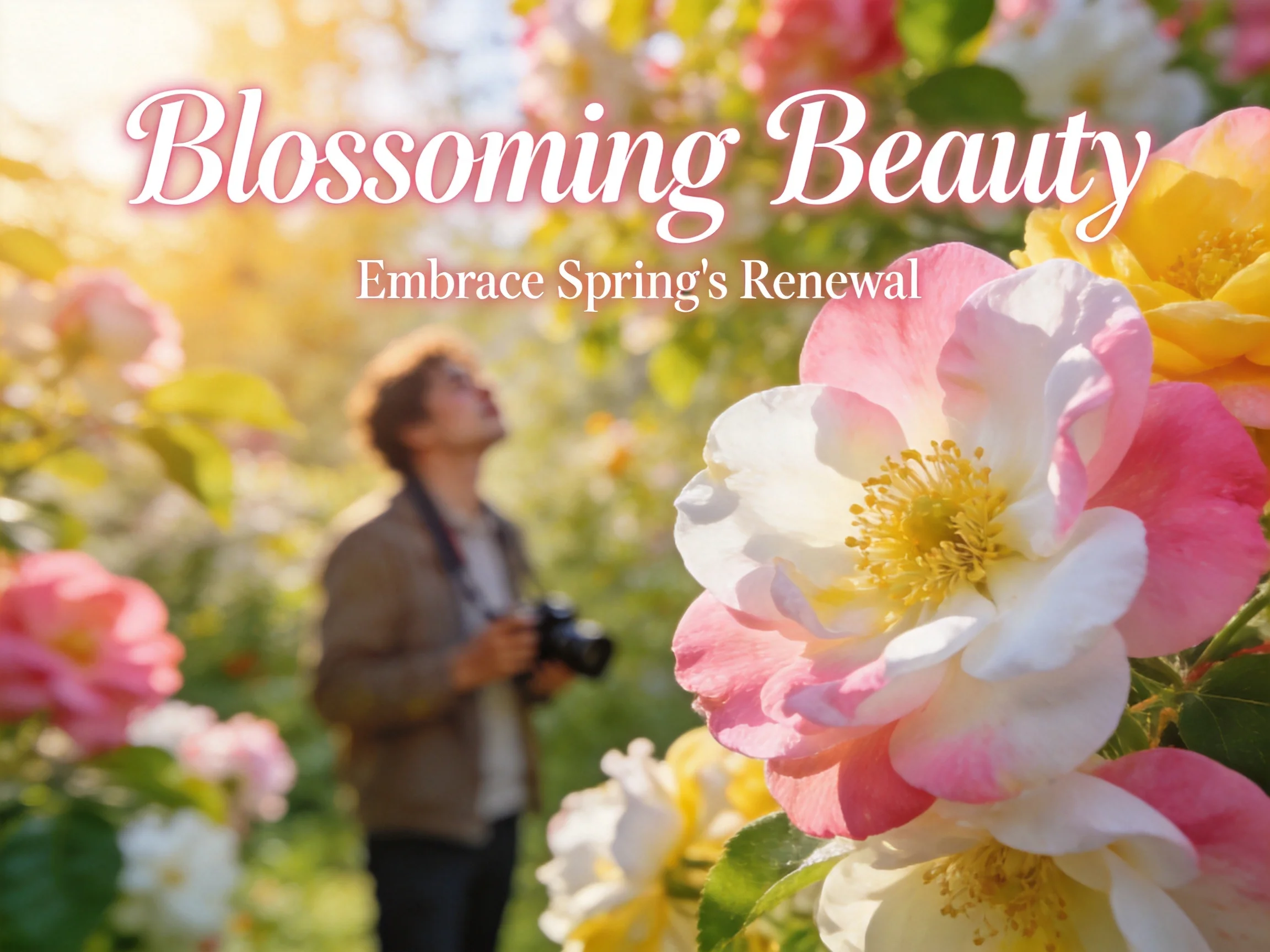 A photographer records vibrant spring flowers in a sunlit garden.