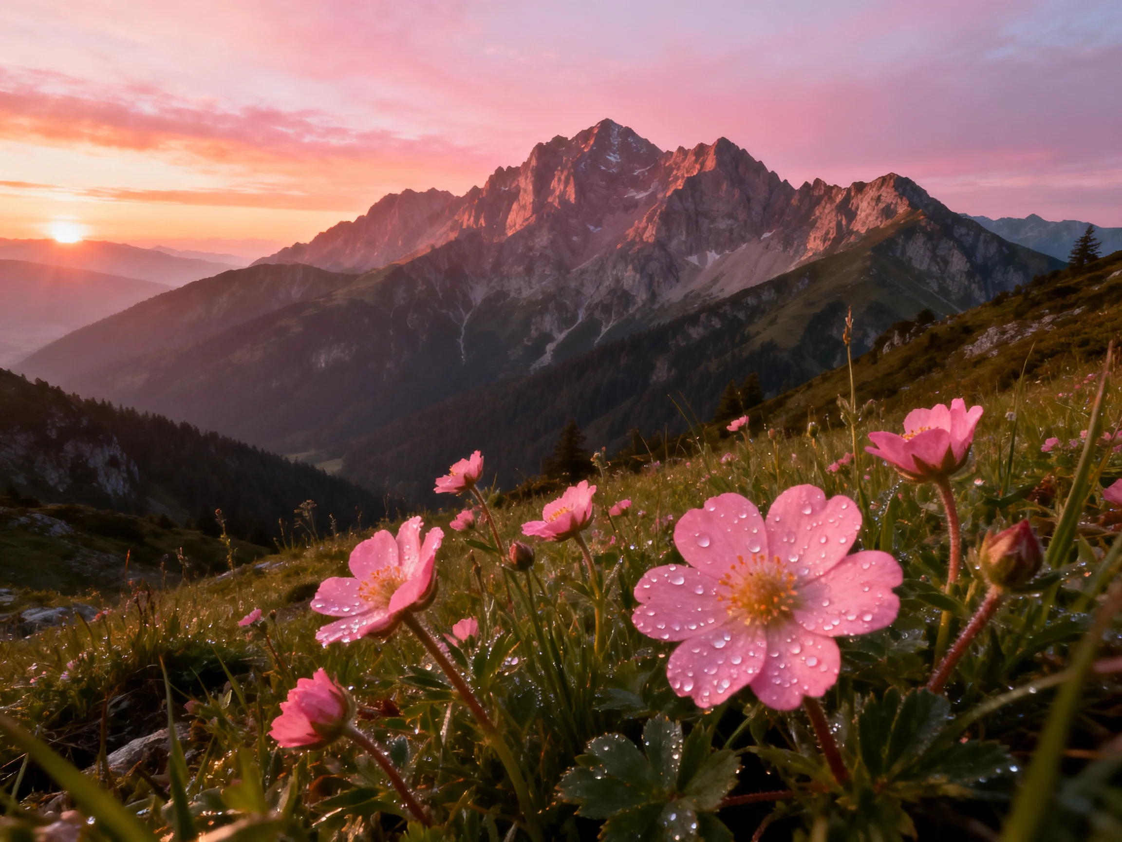 Pink wildflowers bloom near rugged mountains at sunset