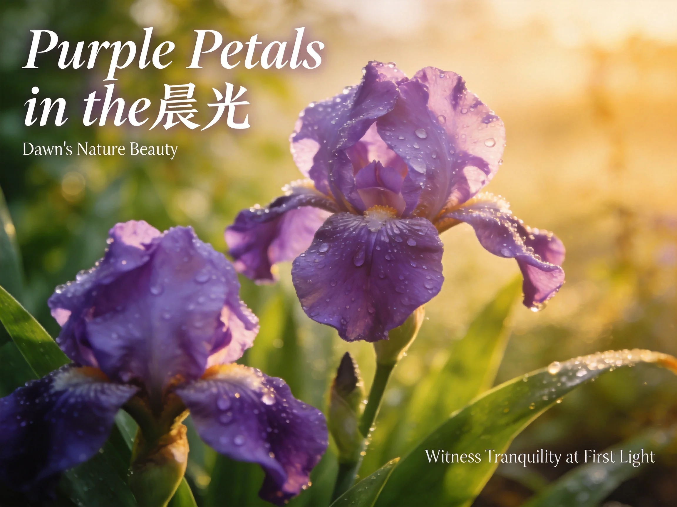 Purple Iris Flowers with Dew Drops in Dawn Light