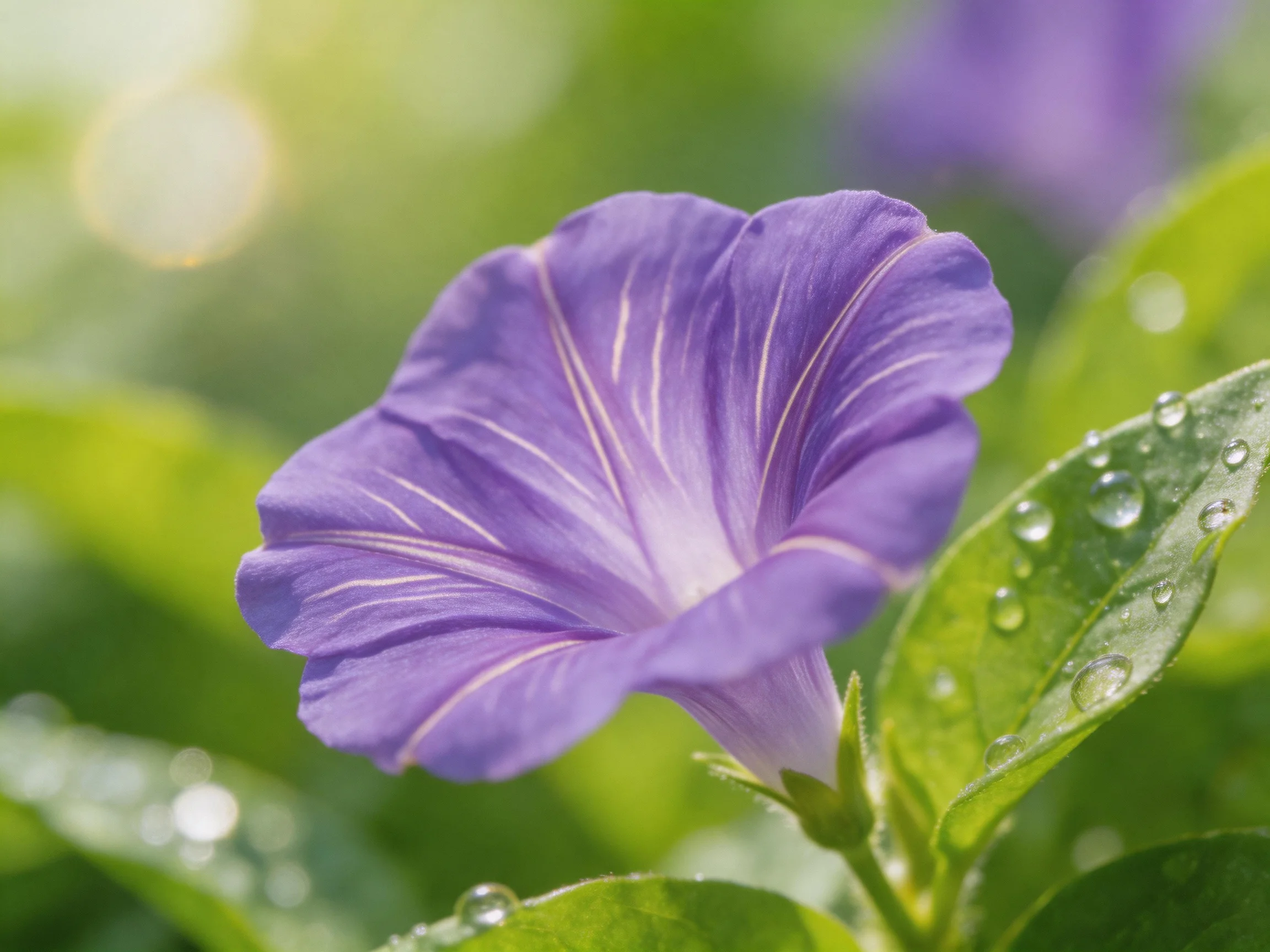 Purple Morning Glory Flower with Dewy Green Leaves