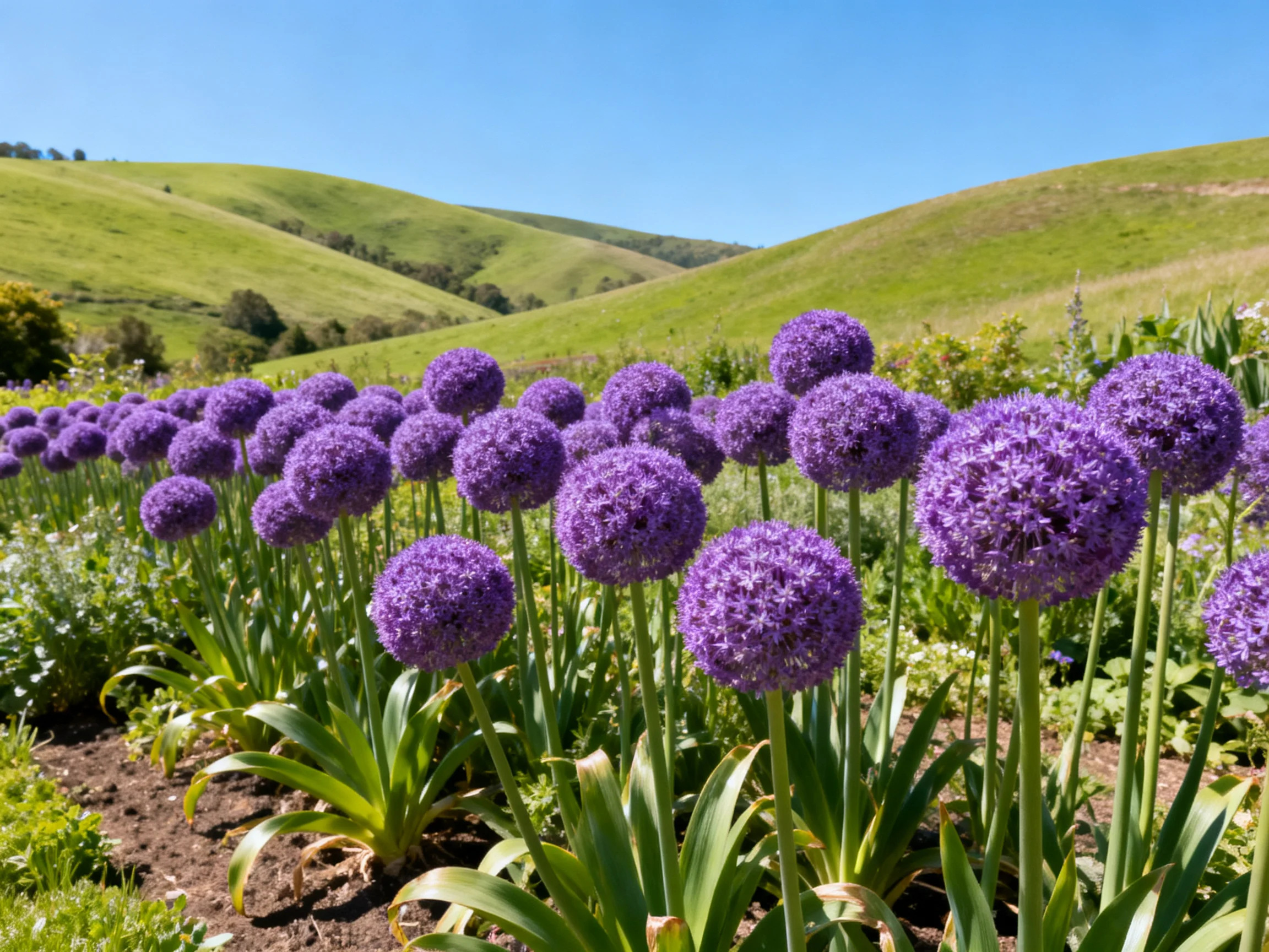 Purple allium blooms in a lush garden with rolling green hills
