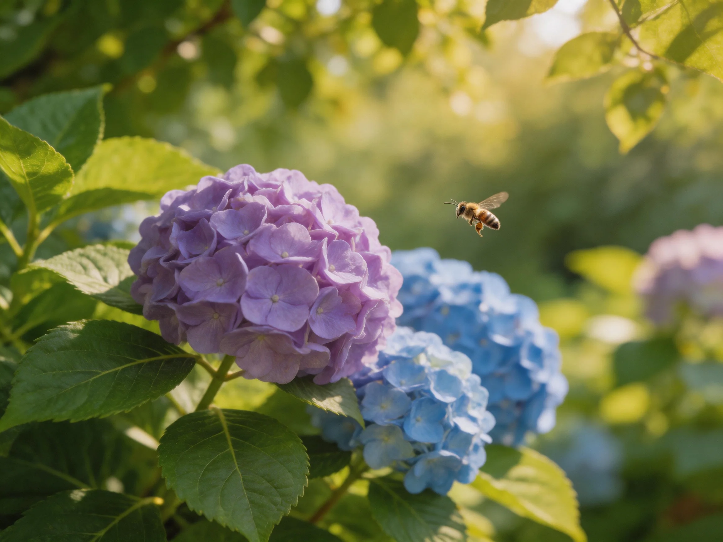 Purple and blue hydrangeas bloom near a flying bee under sunny foliage