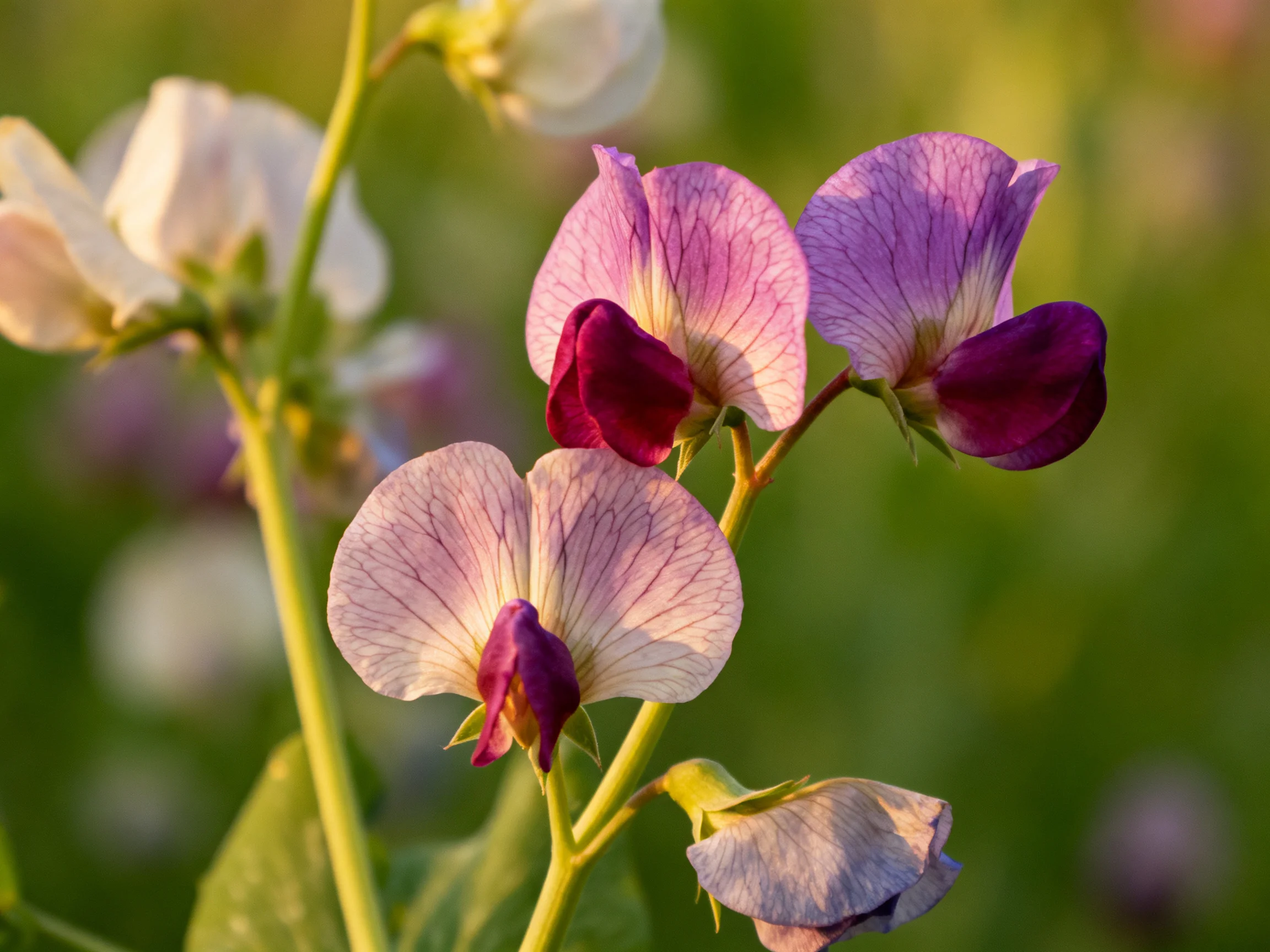 Purple and pink sweet pea blossoms with white buds on green stems