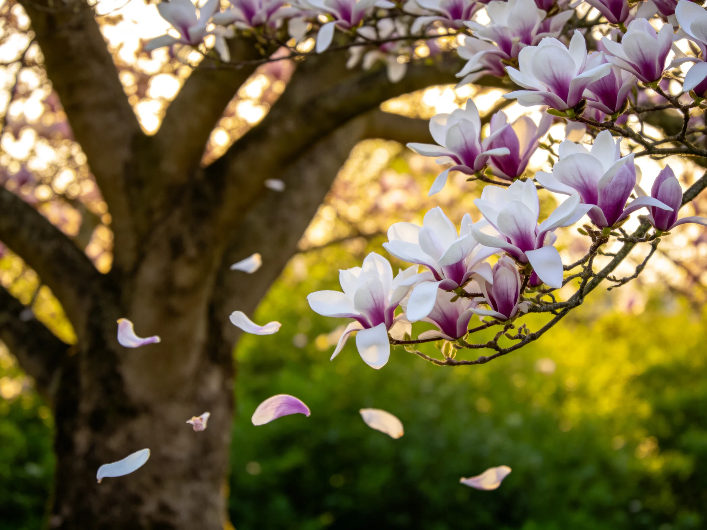 Purple-and-white magnolia blooms with falling petals near a large brown tree