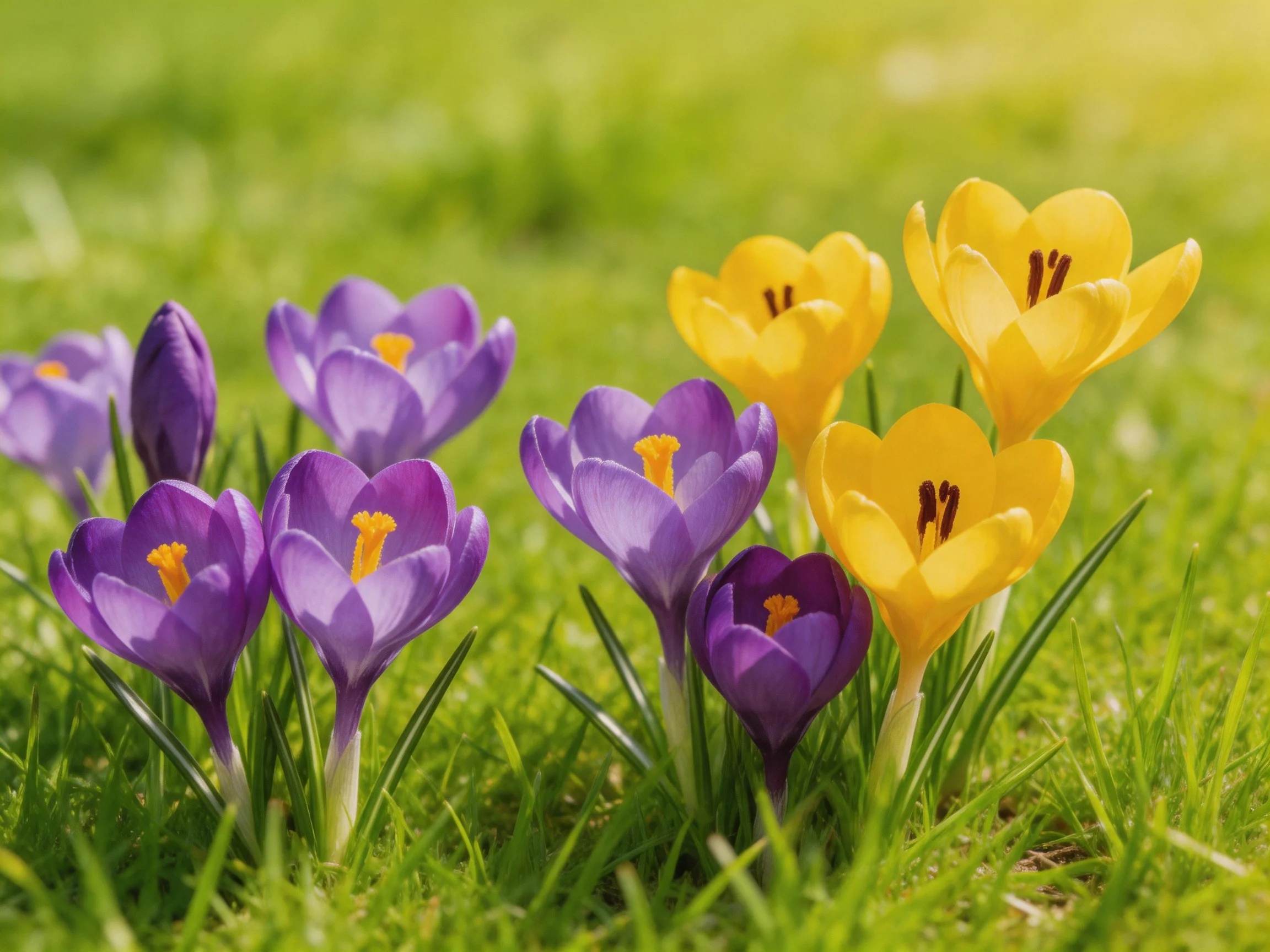 Purple and yellow crocus flowers blooming in lush green grass