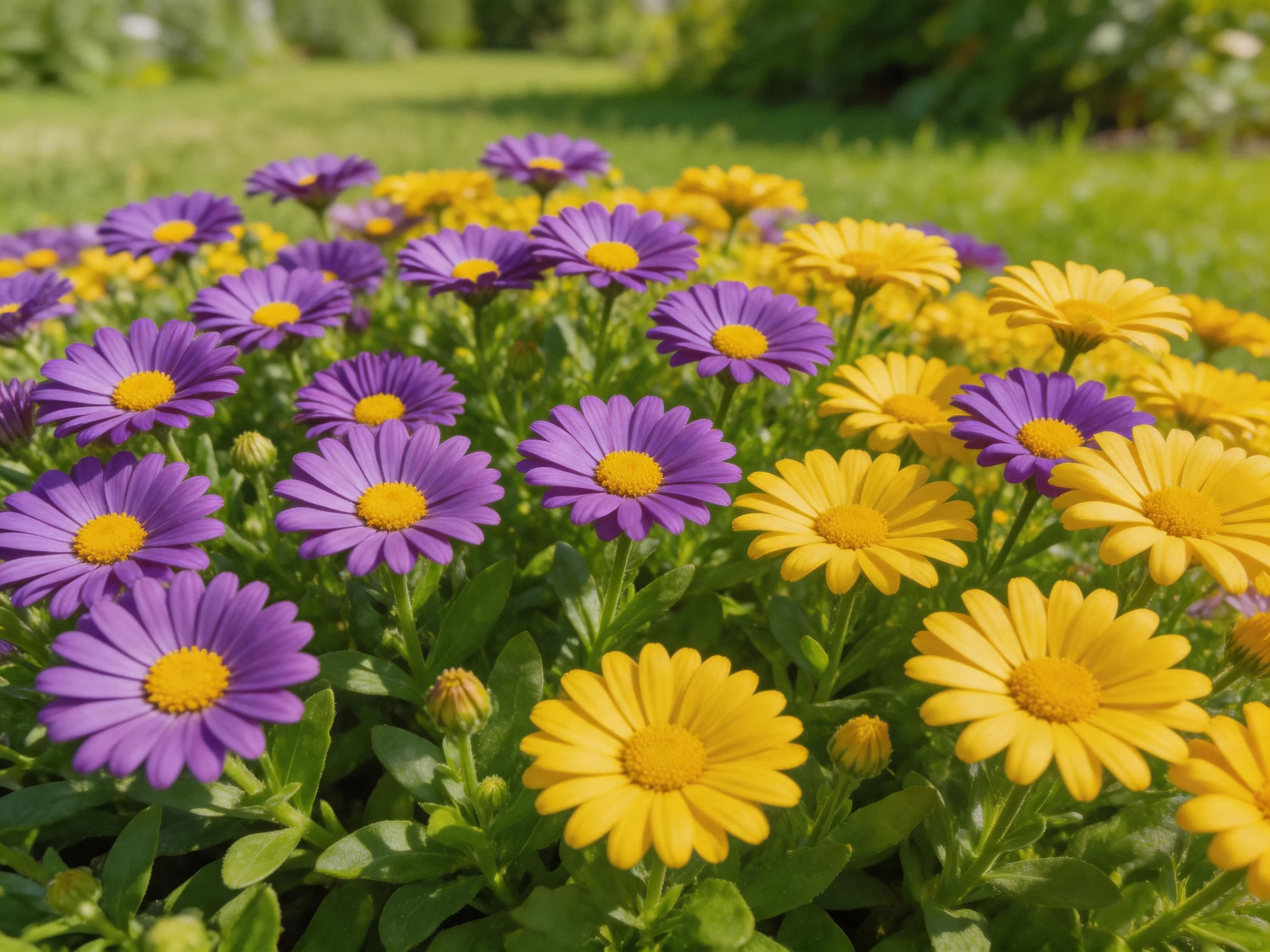 Purple and yellow daisies bloom abundantly in a sunlit garden bed