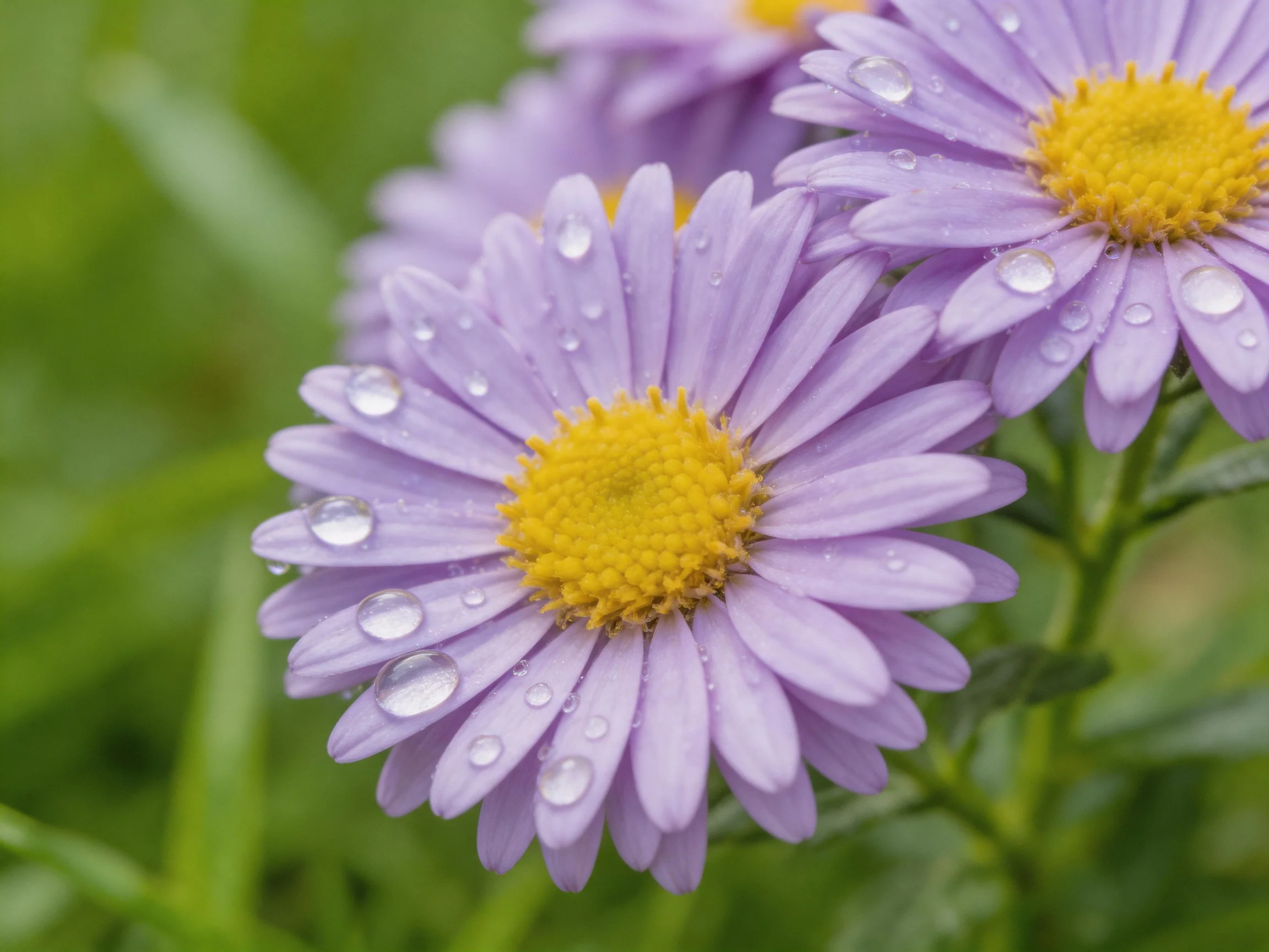Purple aster flowers with water droplets amid green foliage