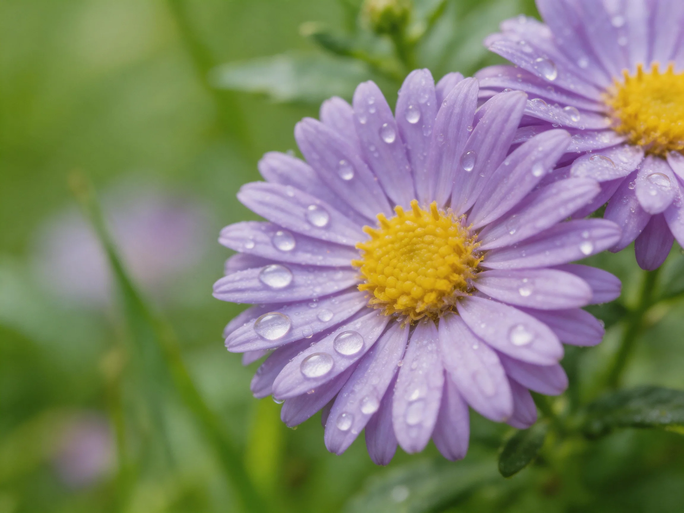 Purple aster flowers with water droplets on lavender petals