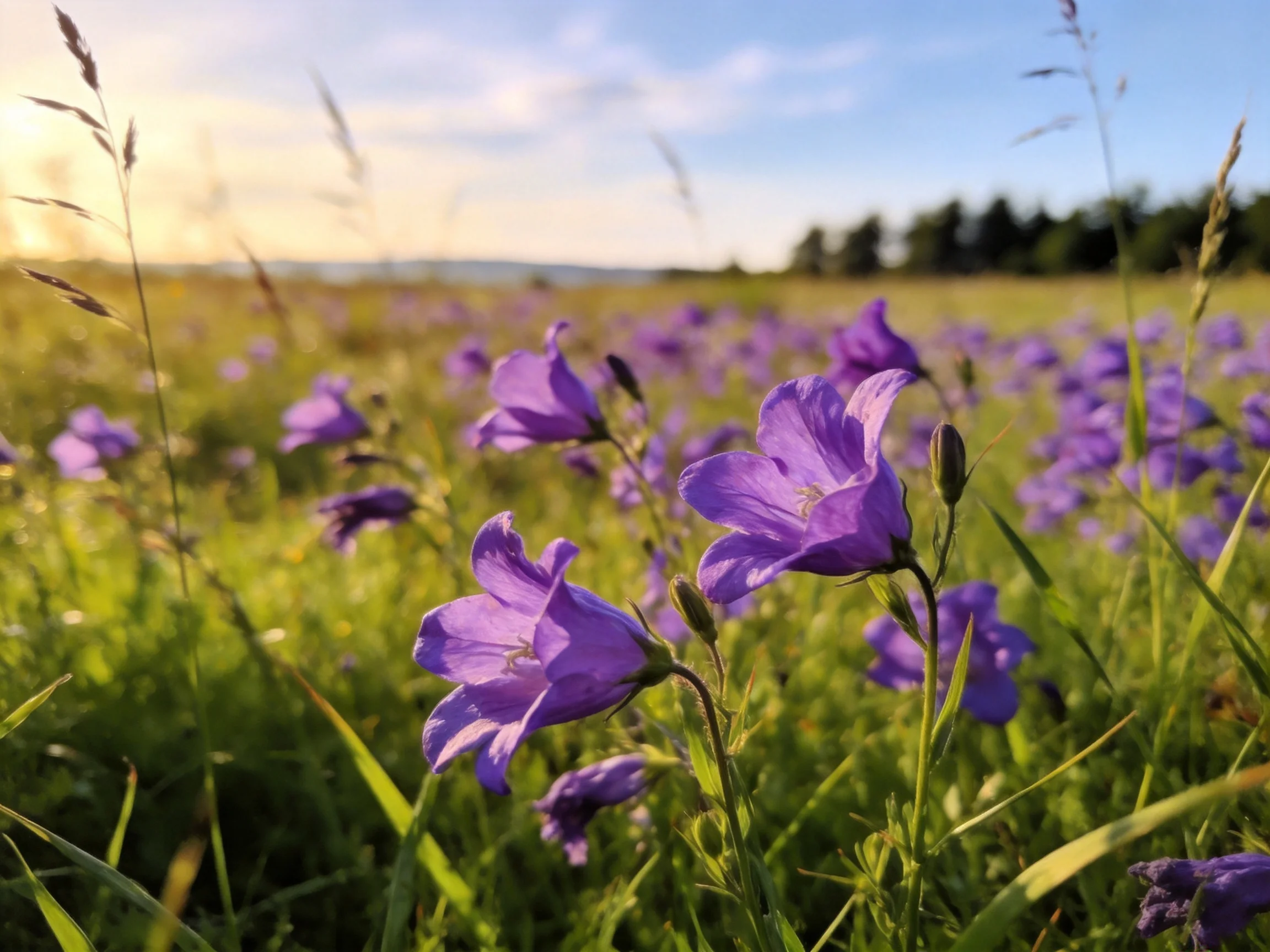 Purple bellflowers bloom in a sunlit green meadow