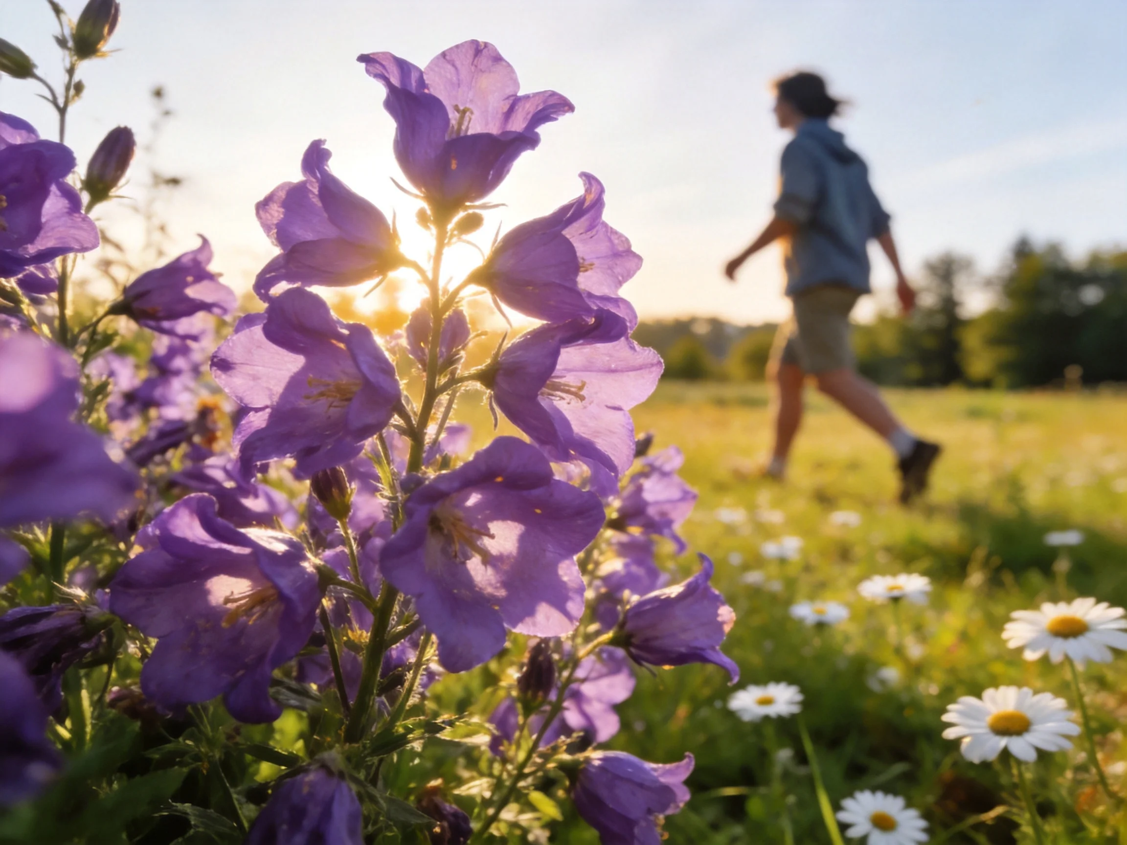 Purple bellflowers bloom in a sunlit meadow with a walker