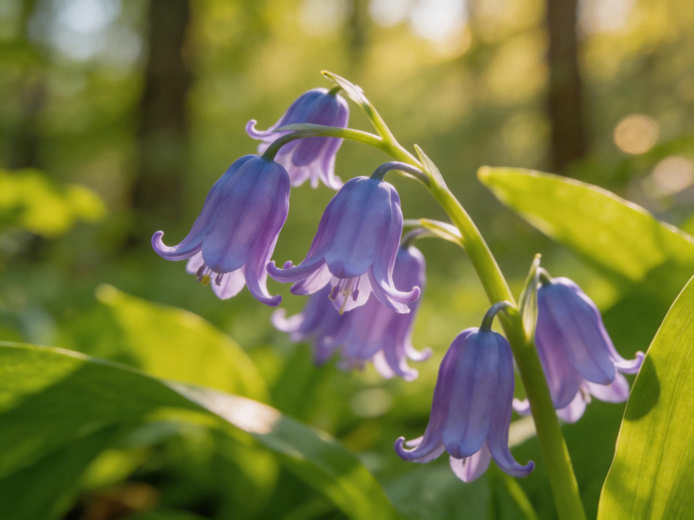 Purple-bluebell blooms in a sun-dappled woodland clearing