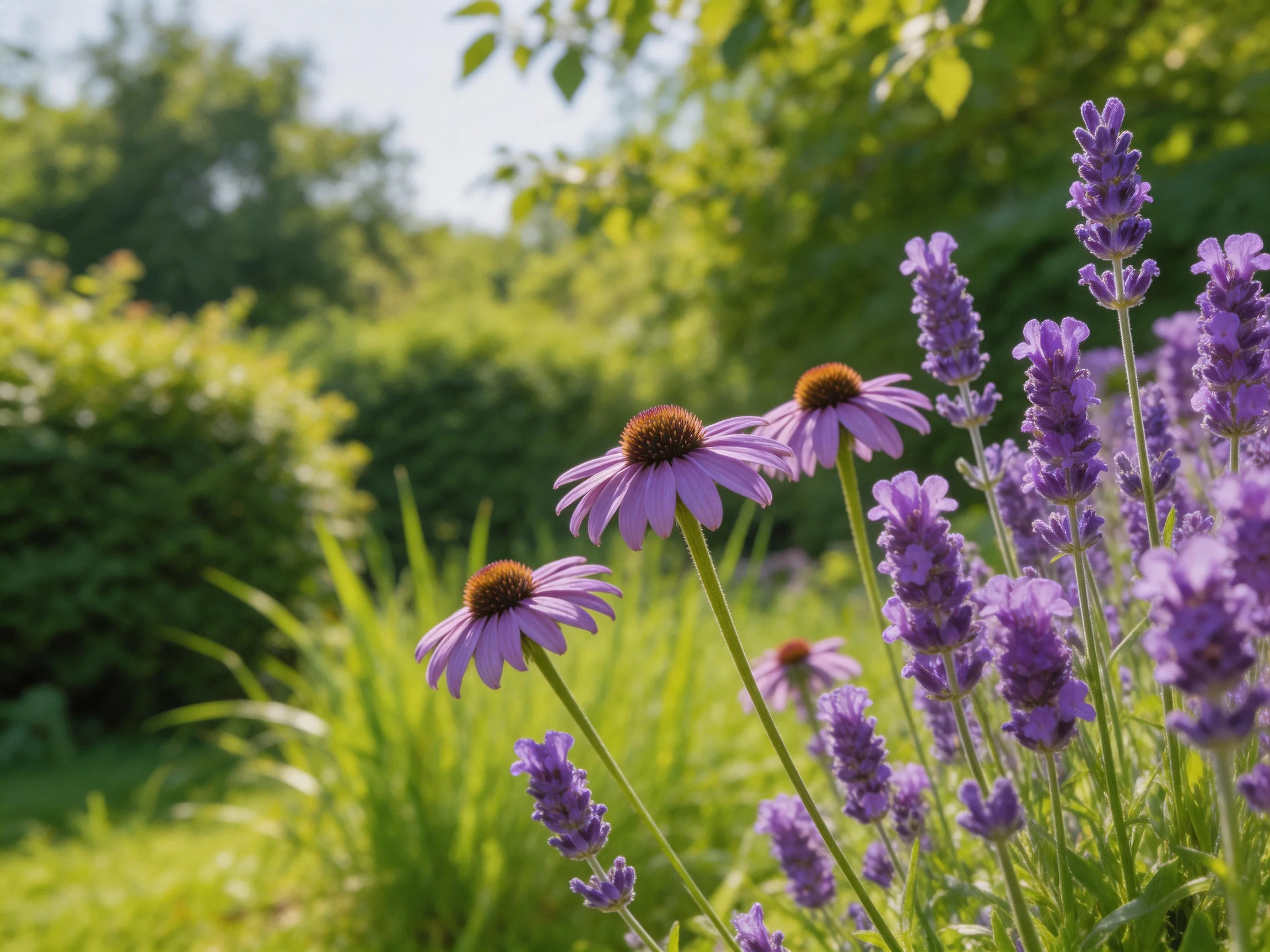 Purple coneflowers and lavender blooms in a sunlit garden