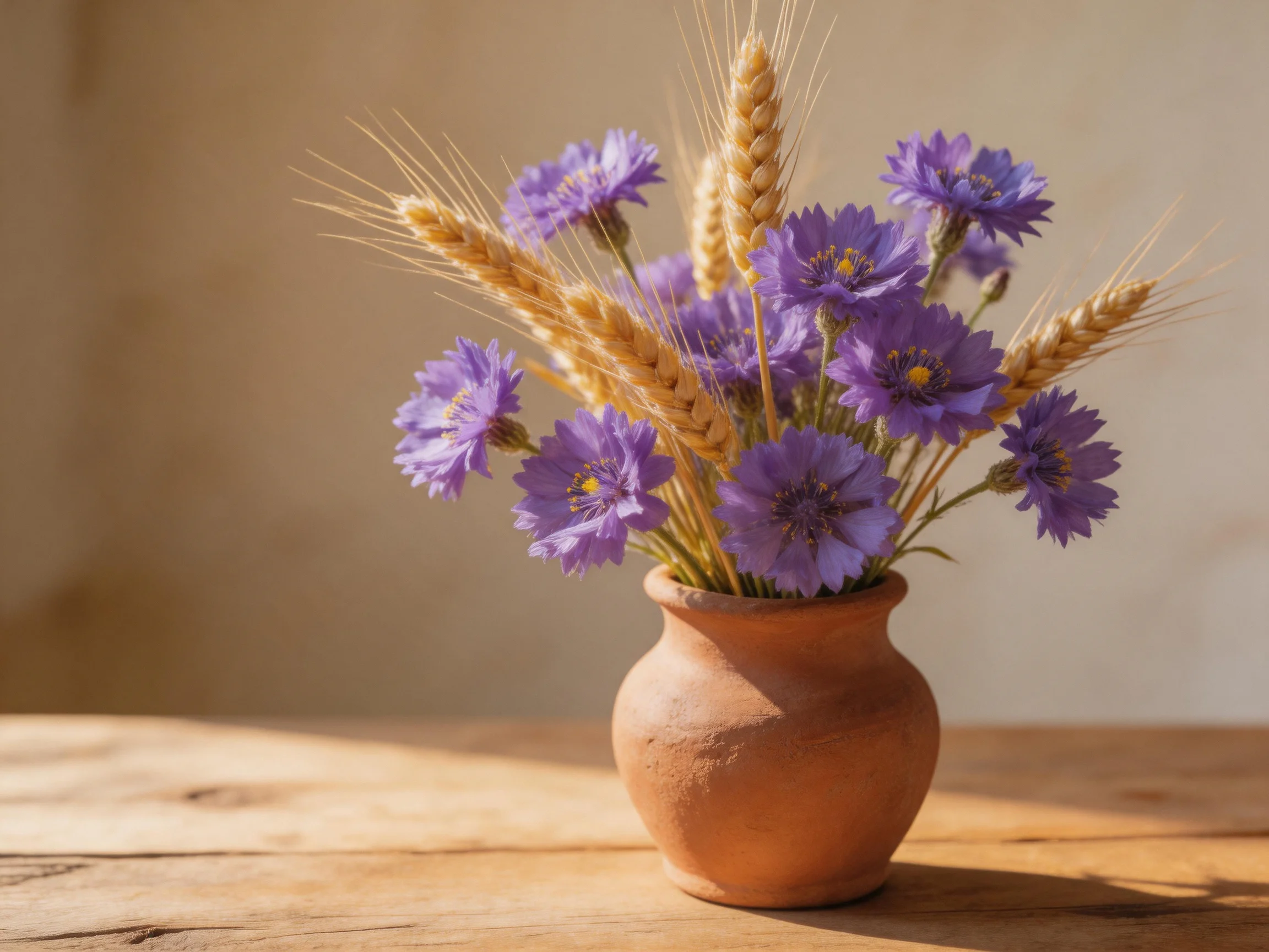 Purple cornflowers and golden wheat in a terracotta vase
