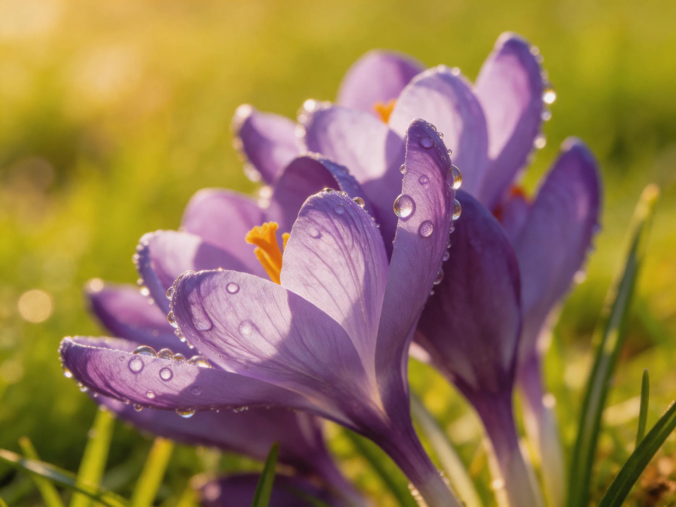Purple crocus blooms adorned with dewdrops in a sunlit meadow