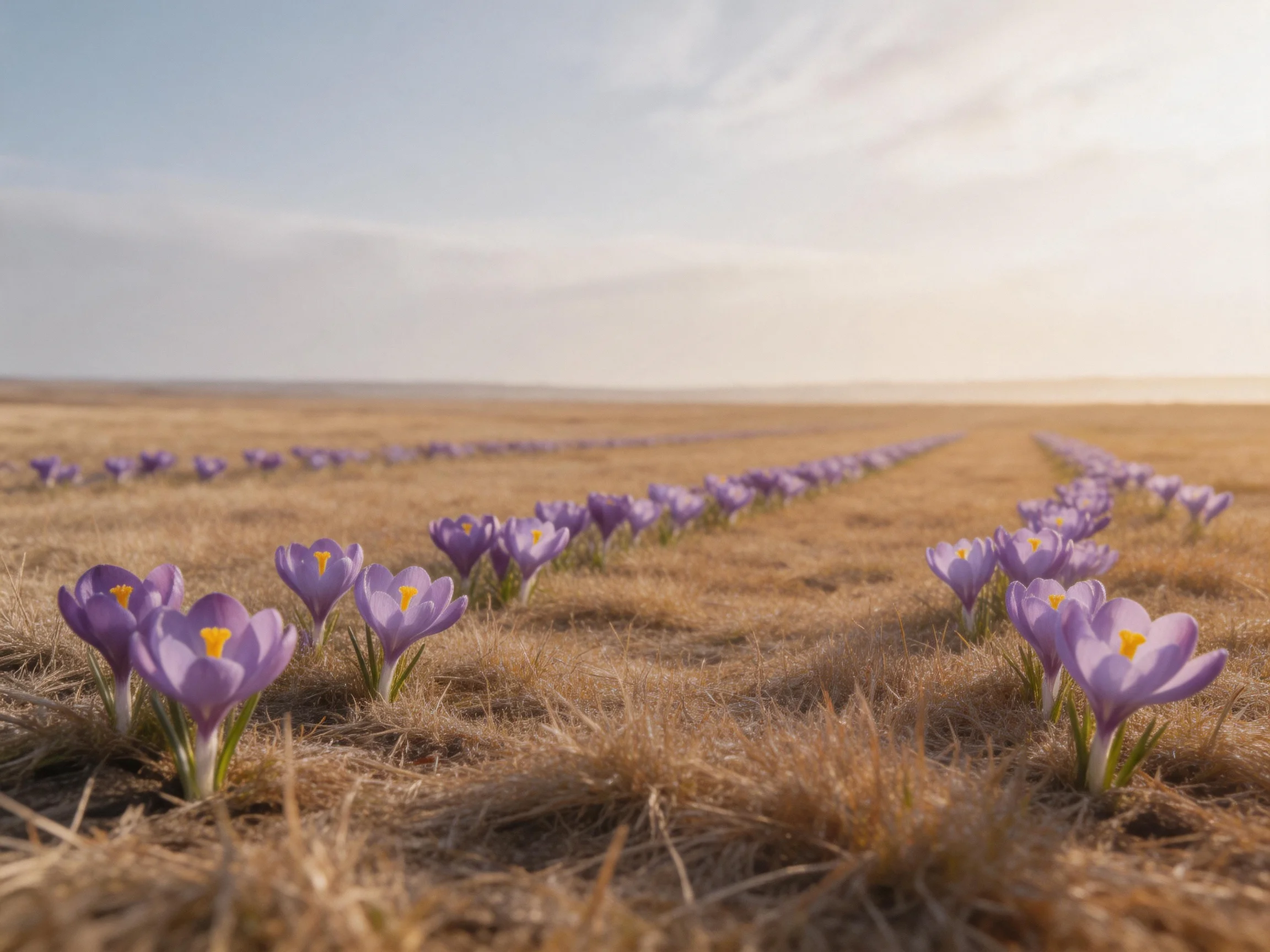 Purple crocus flowers spread across an expansive dry brown field under soft light