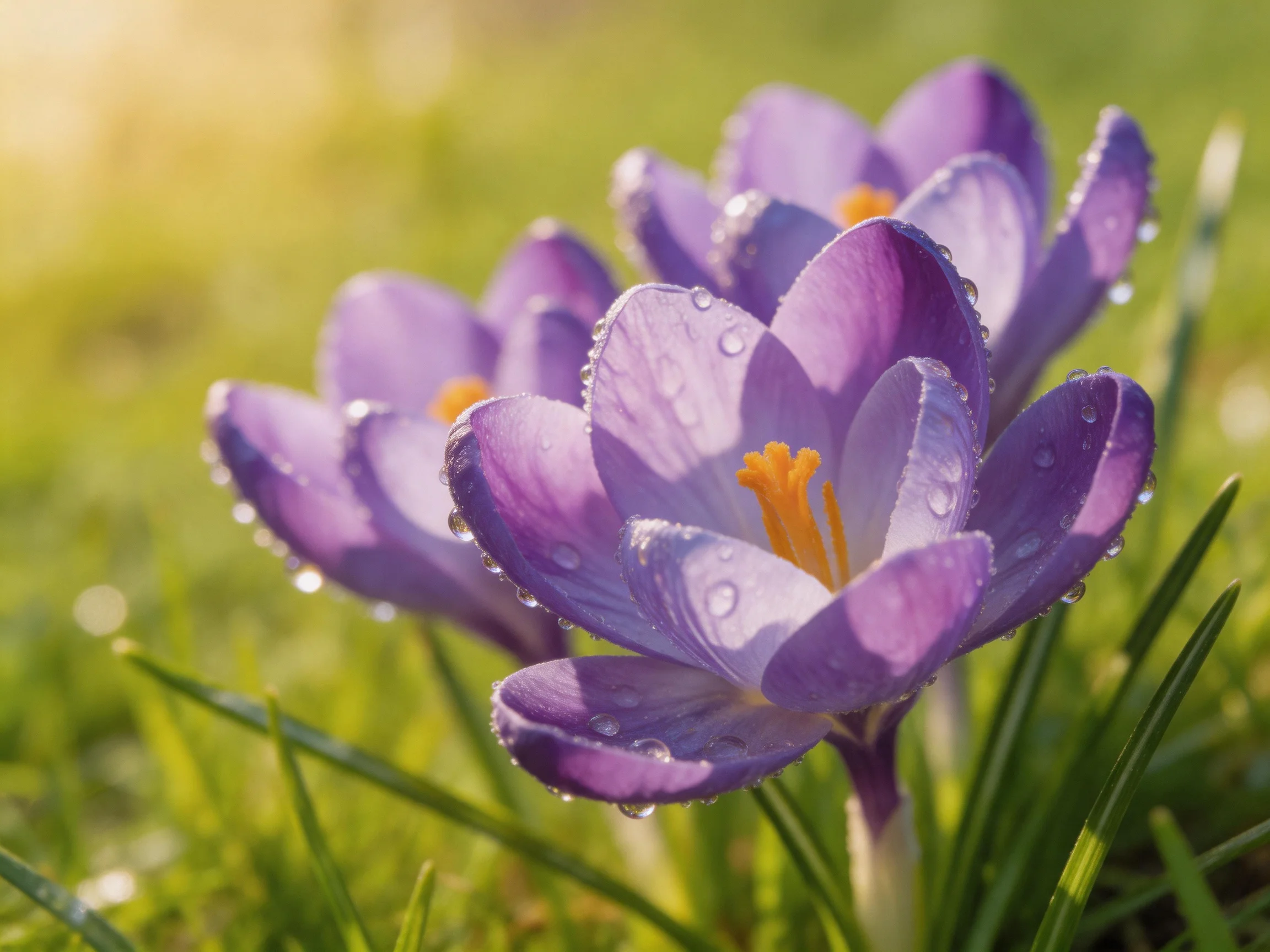 Purple crocus flowers with dewdrops bloom amid lush green grass