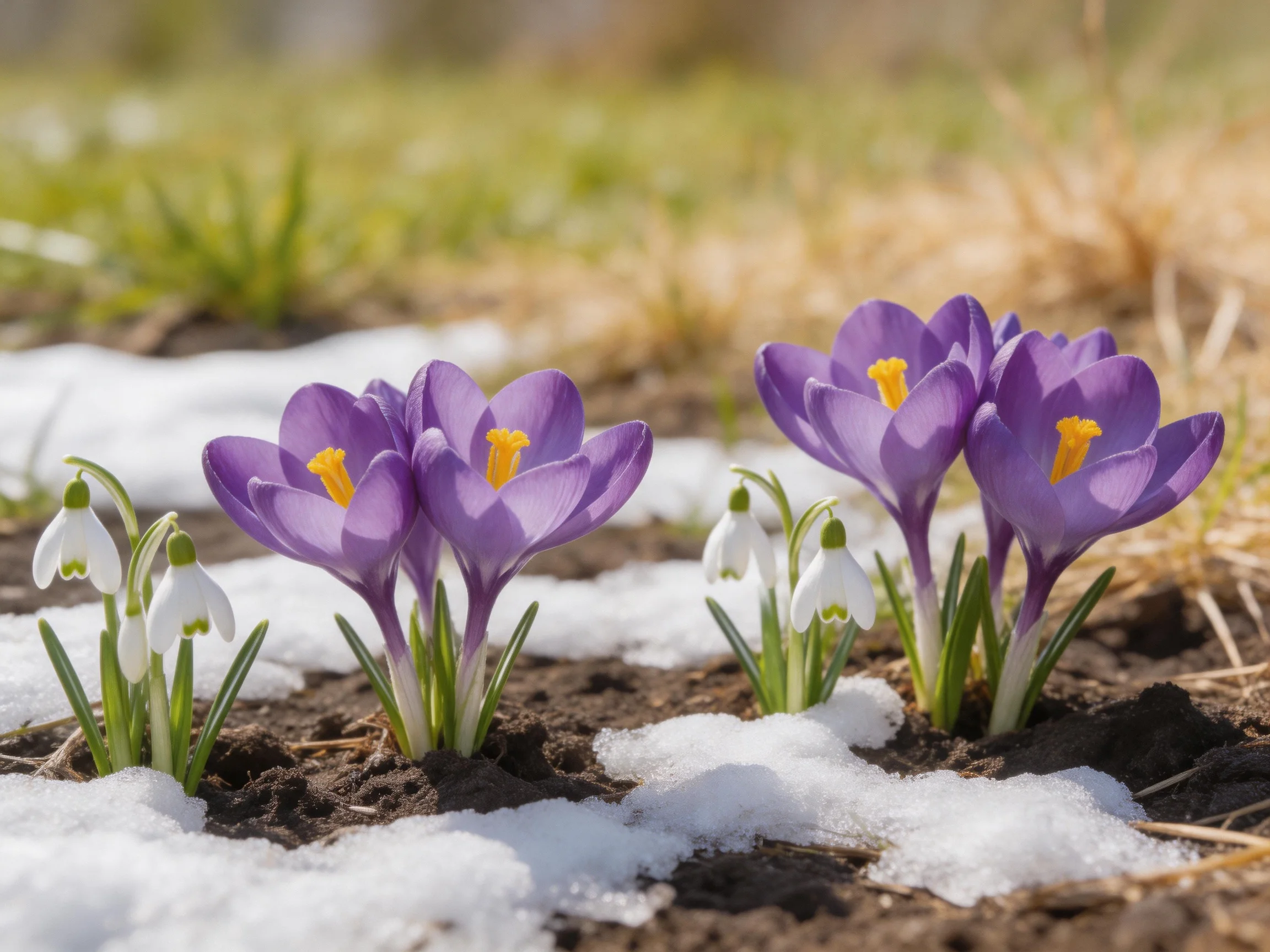 Purple crocuses and white snowdrops bloom among melting snow patches