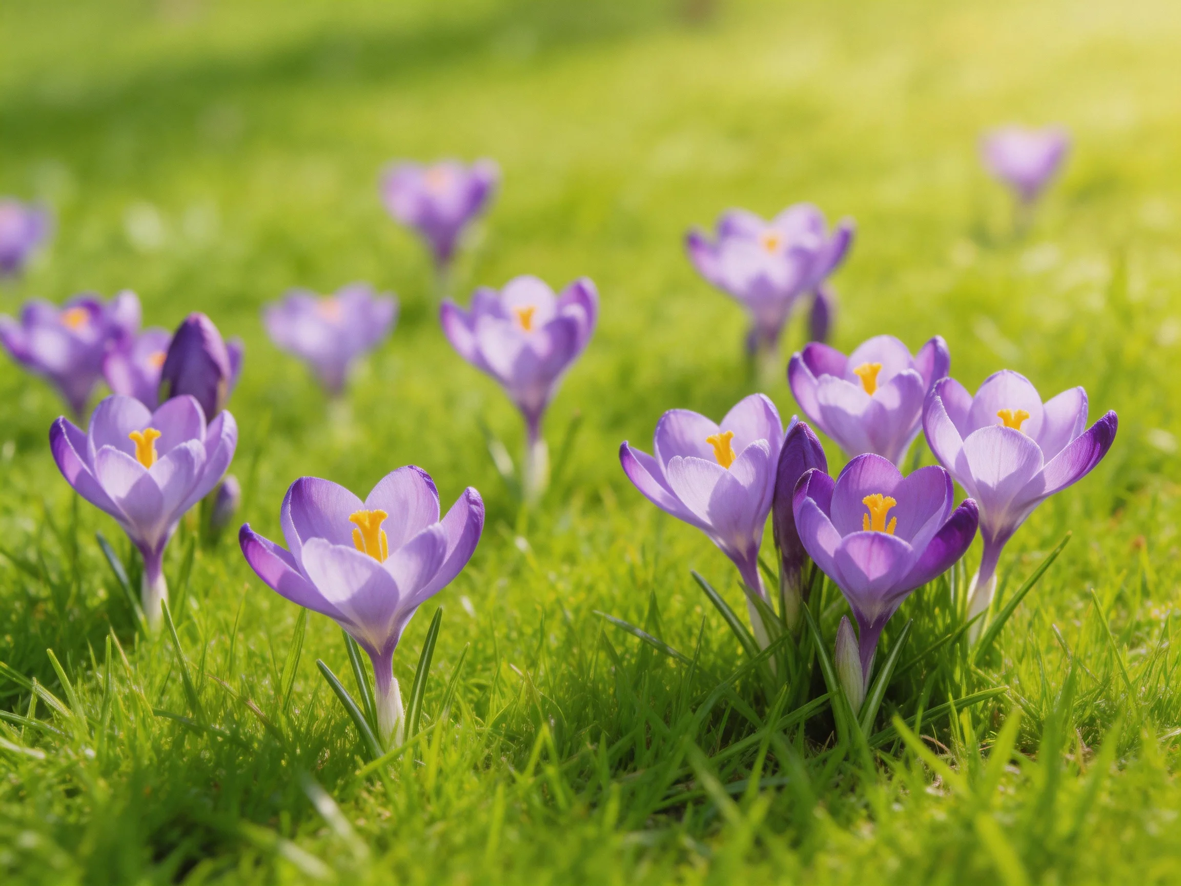 Purple crocuses bloom abundantly among lush green grass