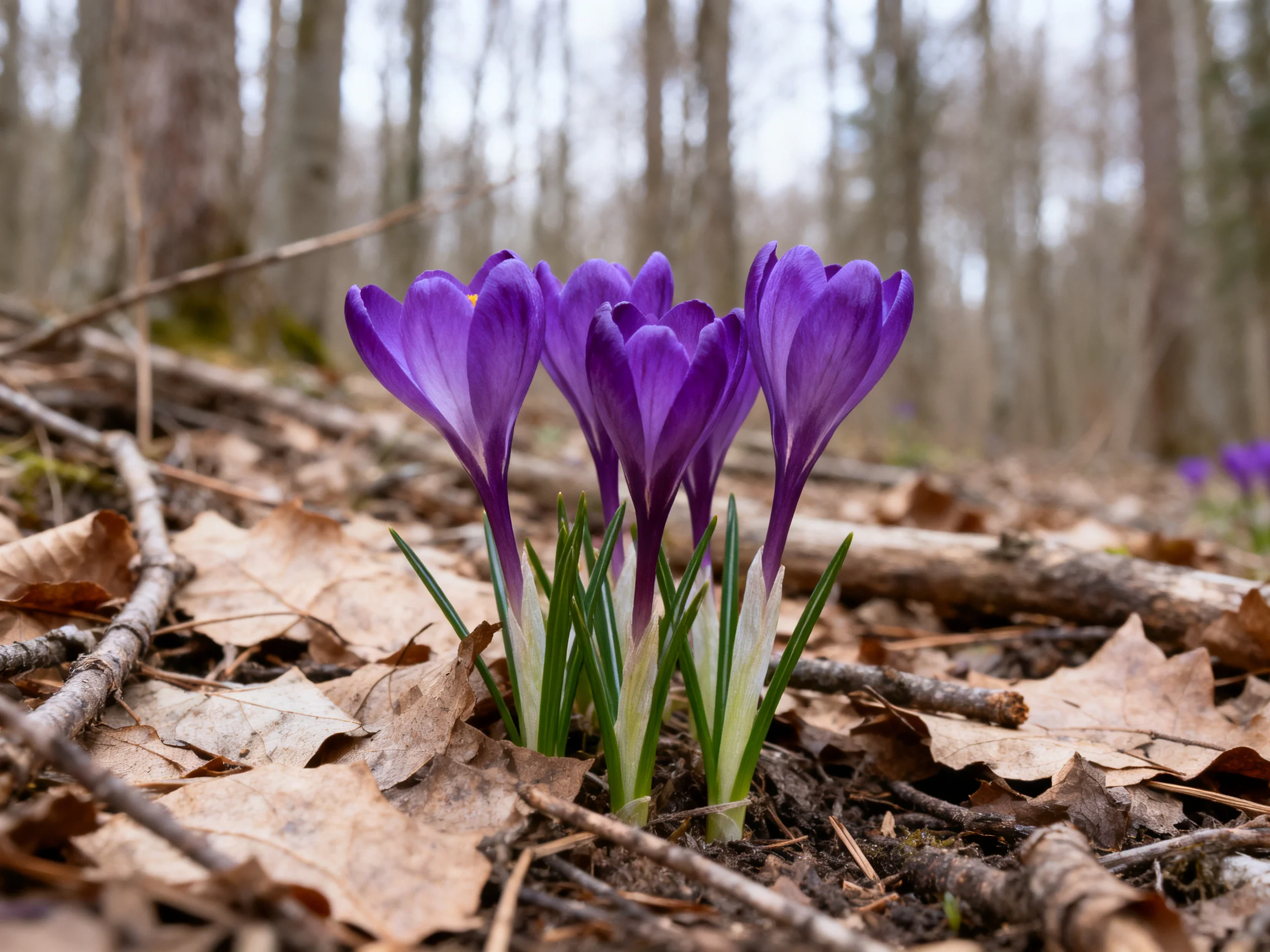 Purple crocuses bloom amid dry leaves in a forest