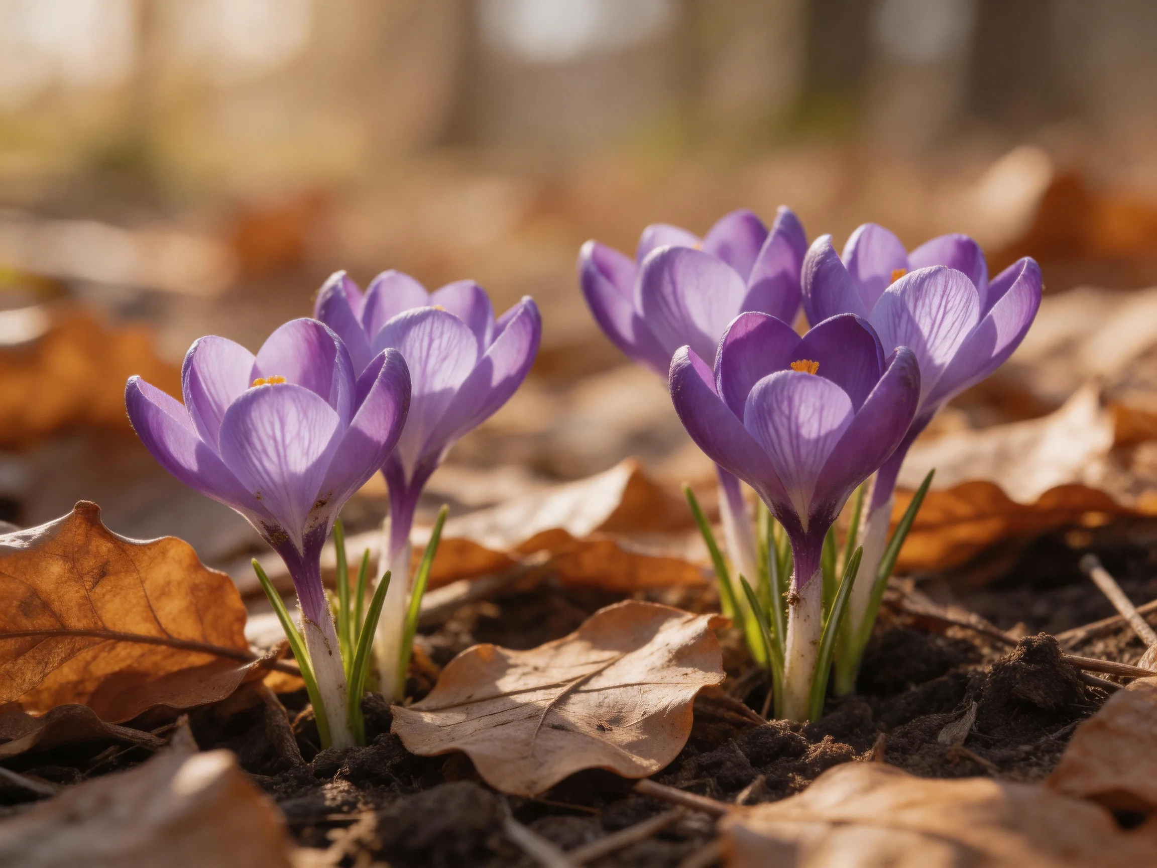 Purple crocuses bloom among dry brown leaves on dark soil