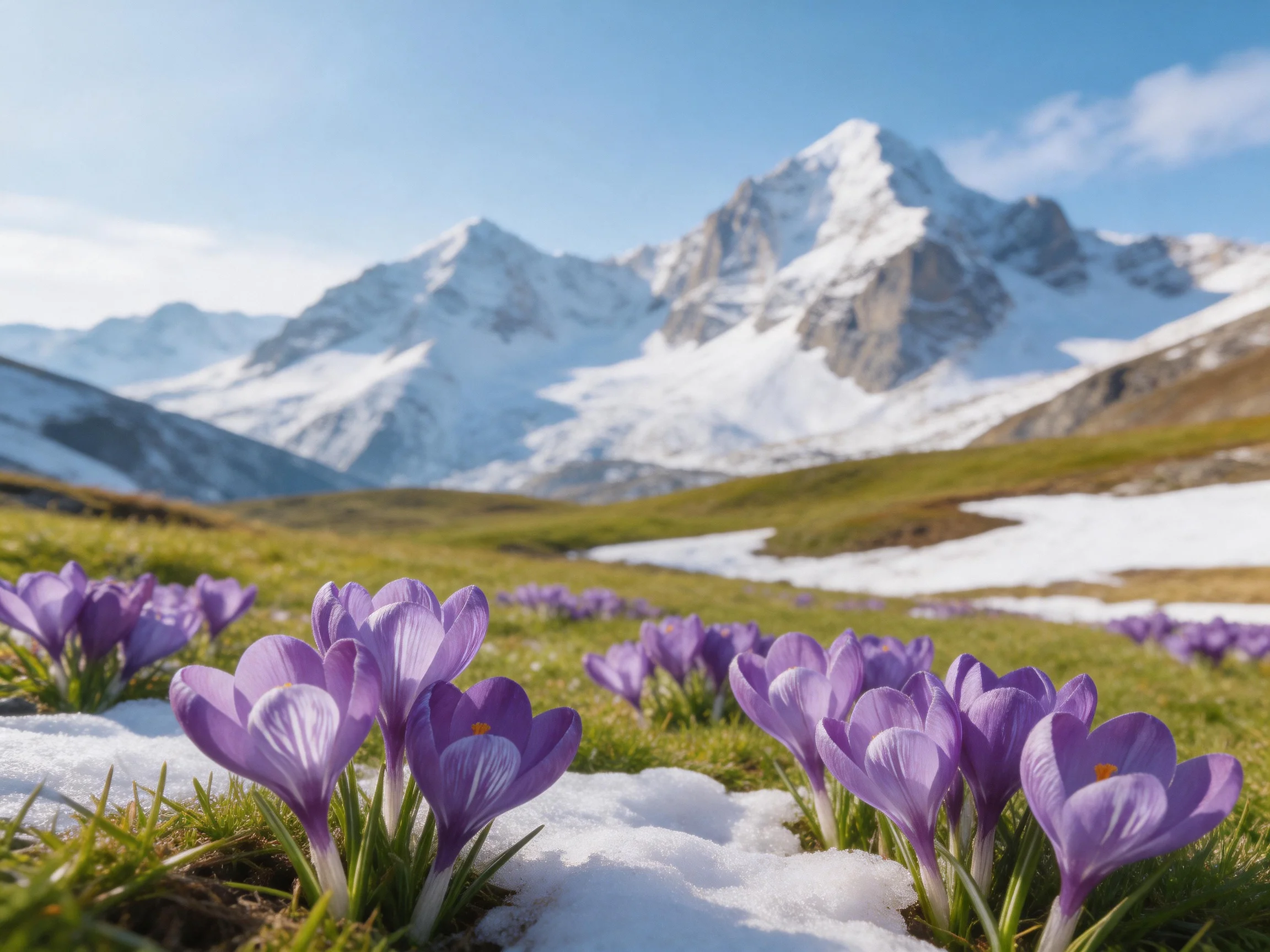 Purple crocuses bloom near snow - dotted meadows and towering mountain peaks