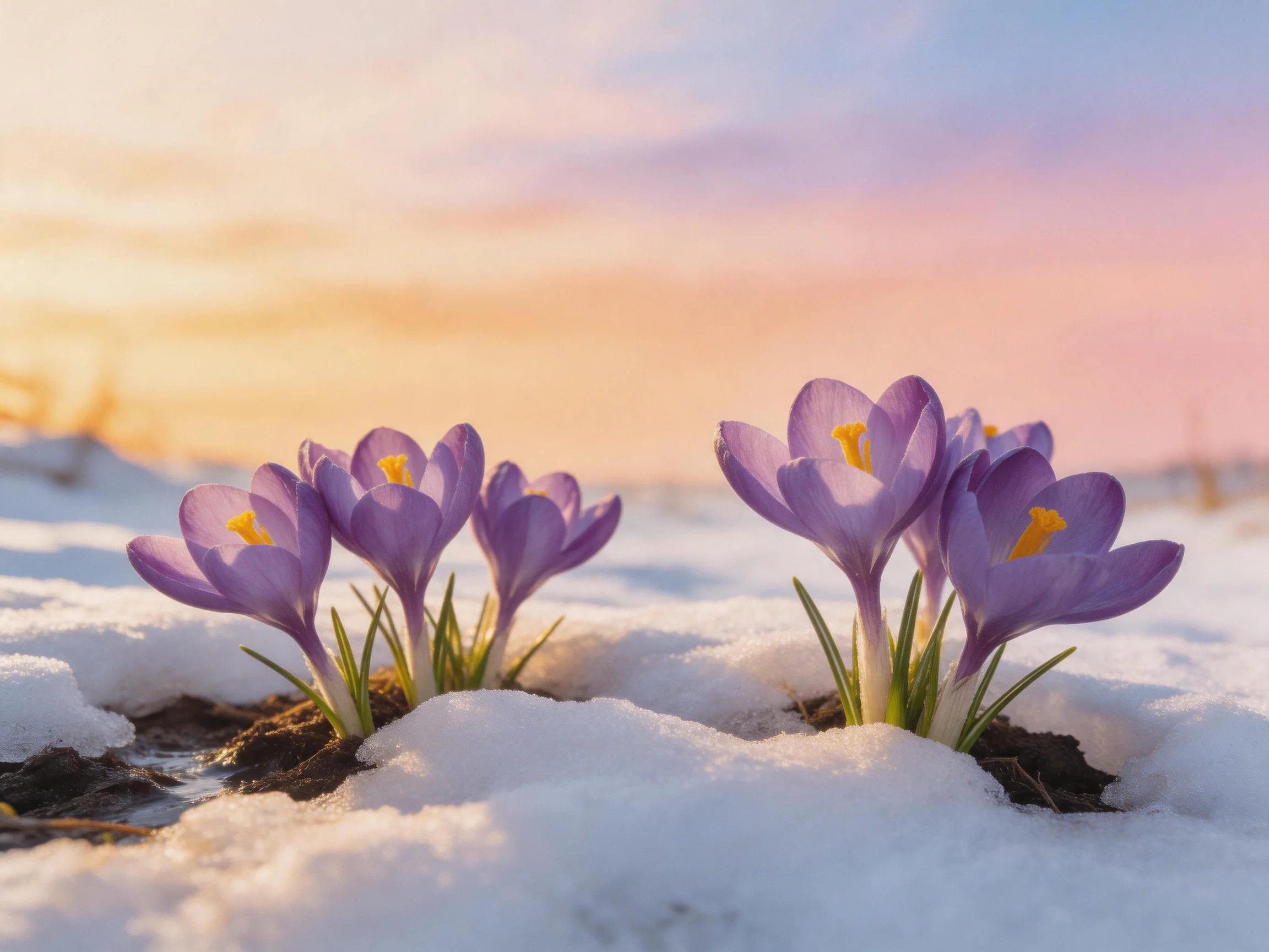 Purple crocuses bloom through melting snow under a pastel sunset