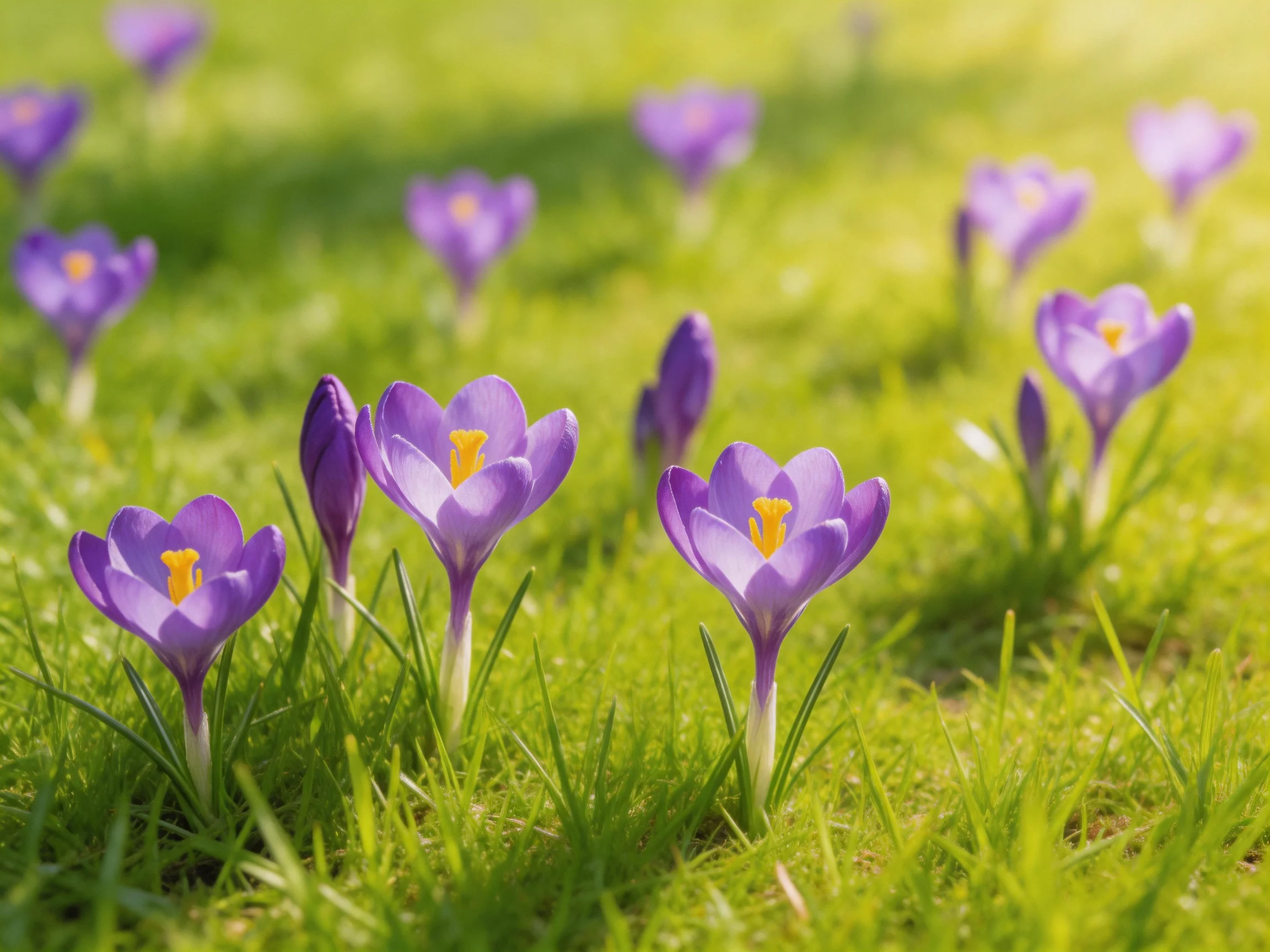 Purple crocuses bloom vibrantly among lush green grass under bright sunlight