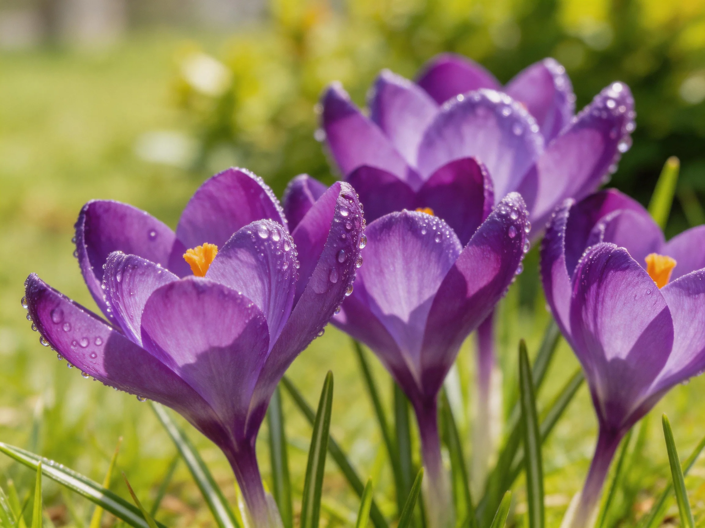 Purple crocuses with dew drops blooming in a sunlit meadow