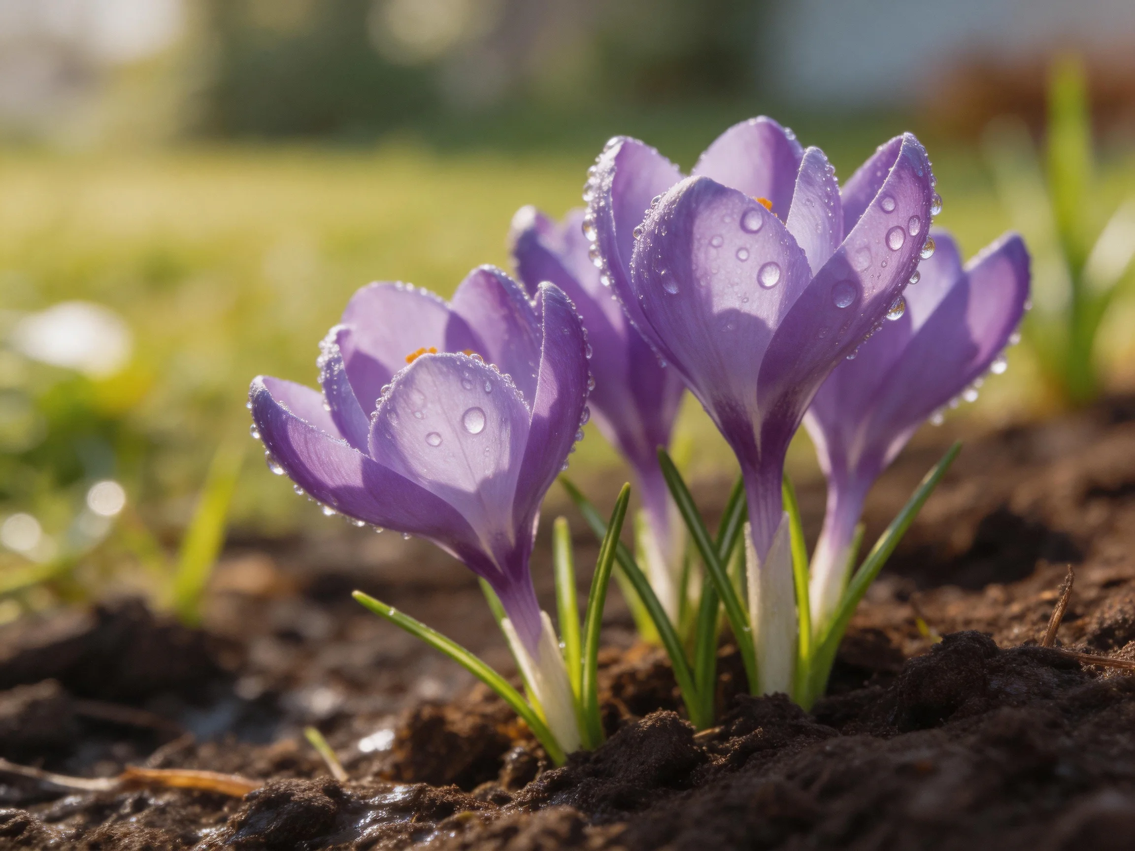 Purple crocuses with dewdrops bloom in moist soil