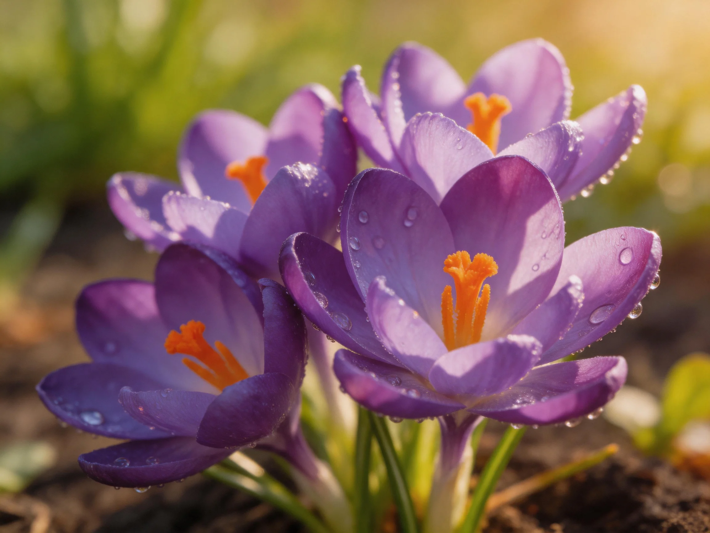 Purple crocuses with dewdrops blooming in soft sunlight