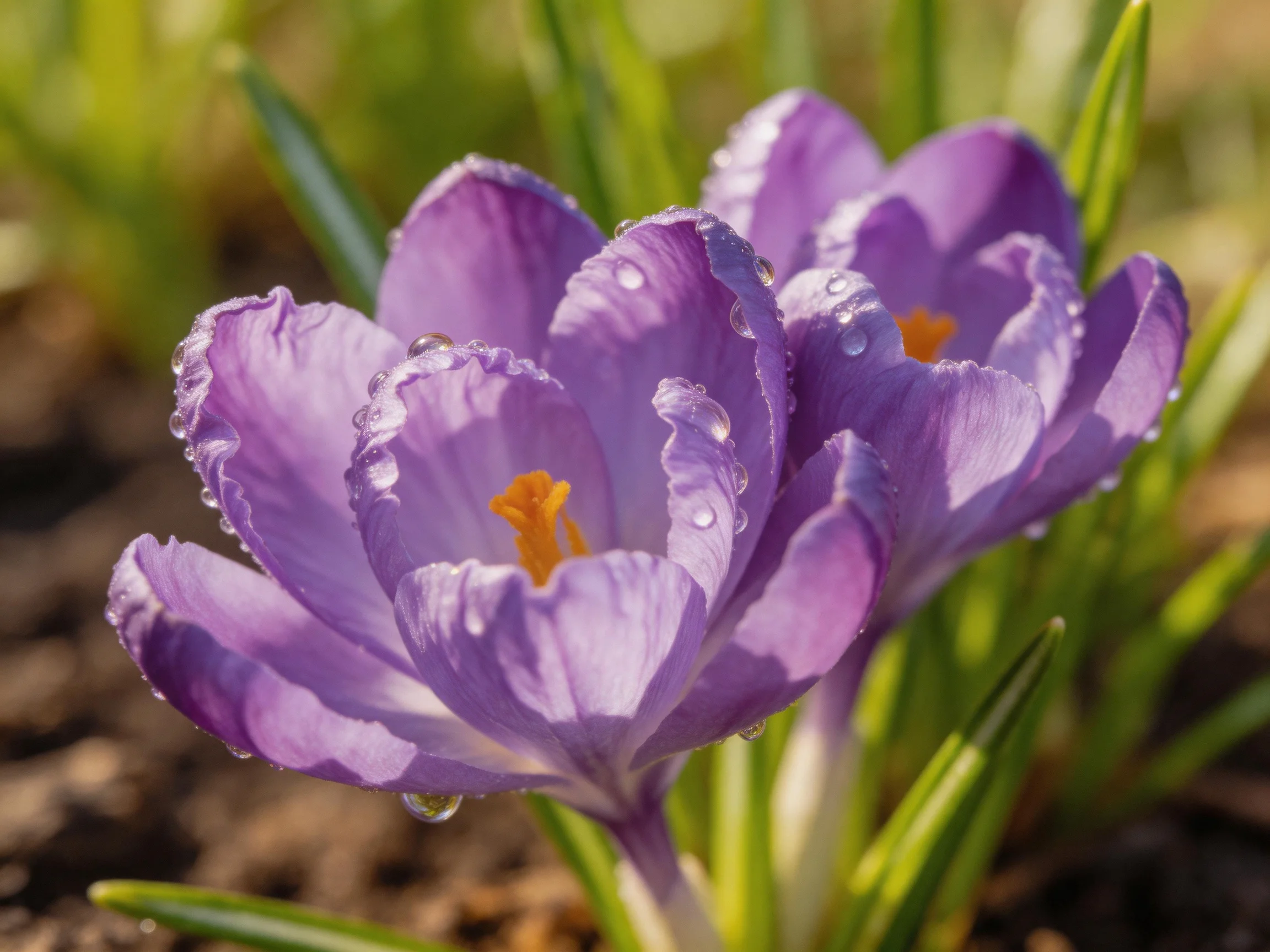 Purple crocuses with glistening dewdrops bloom in a sunlit garden