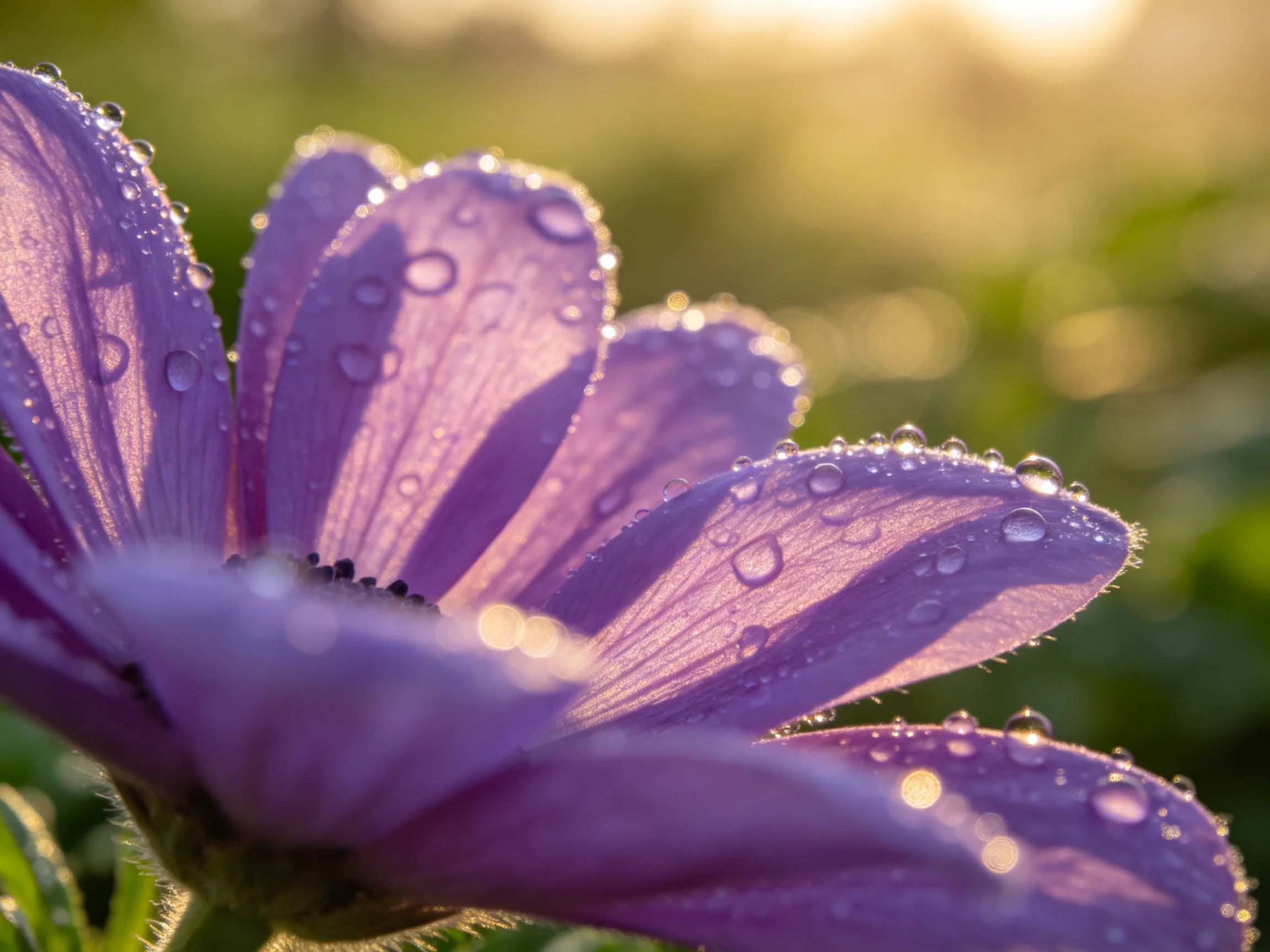 Purple flower petals adorned with dewdrops under warm sunlight