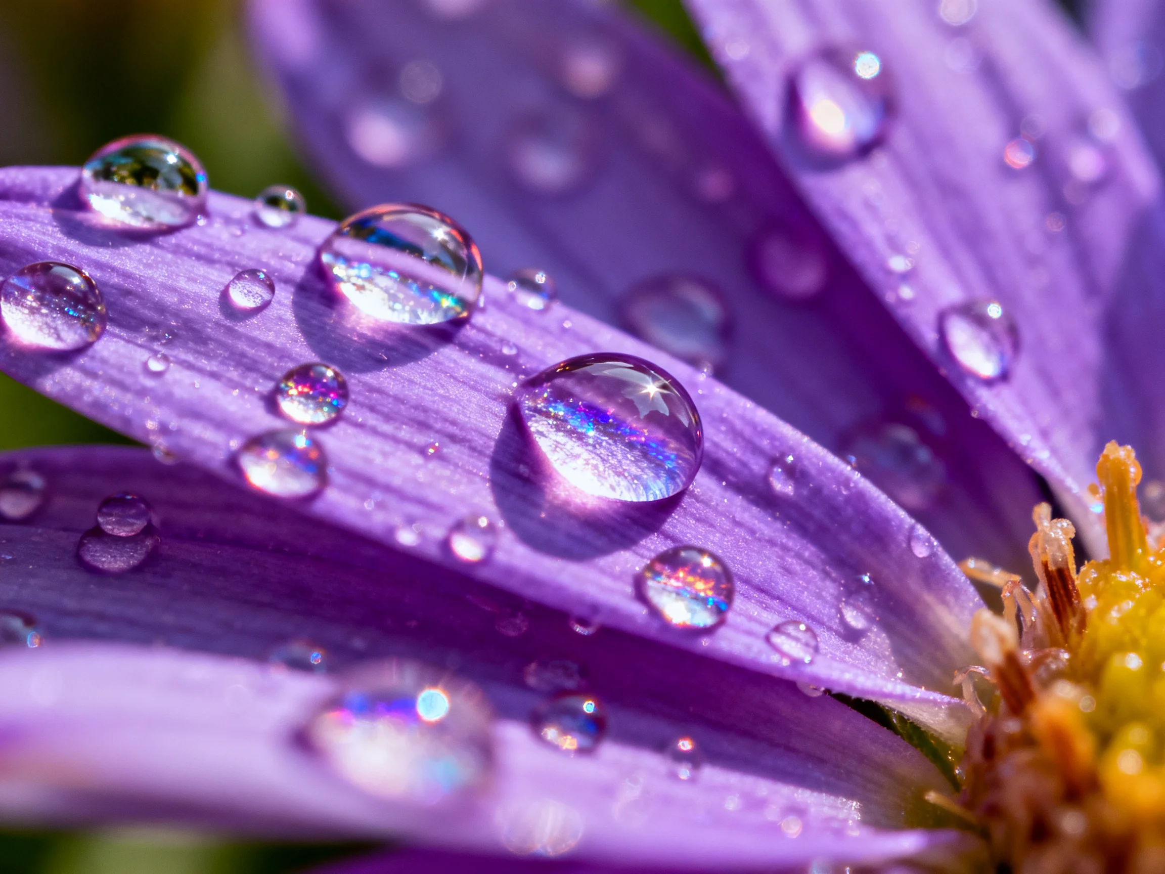 Purple flower petals dotted with numerous glistening water droplets