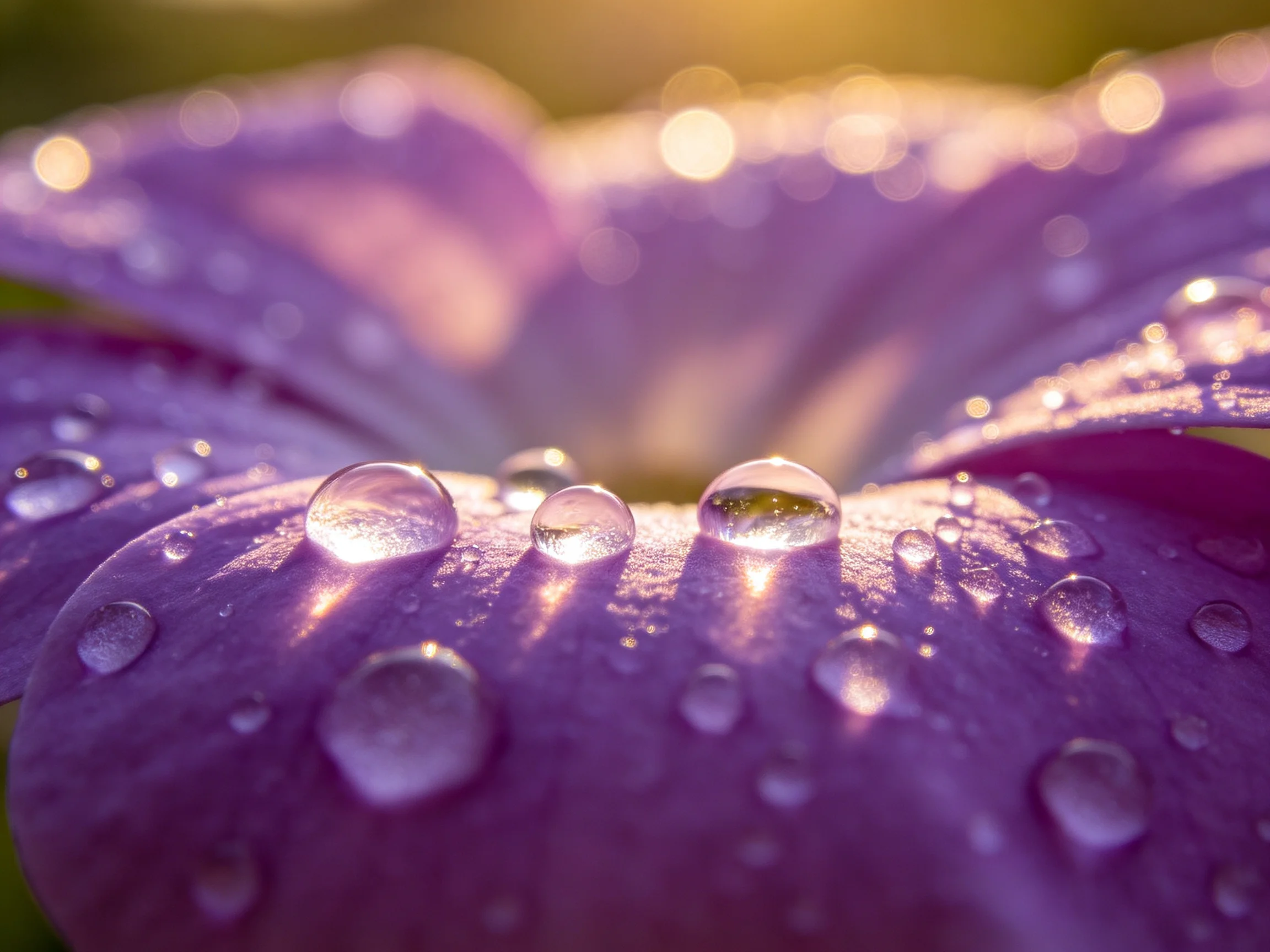 Purple flower petals dotted with water droplets, bathed in warm light