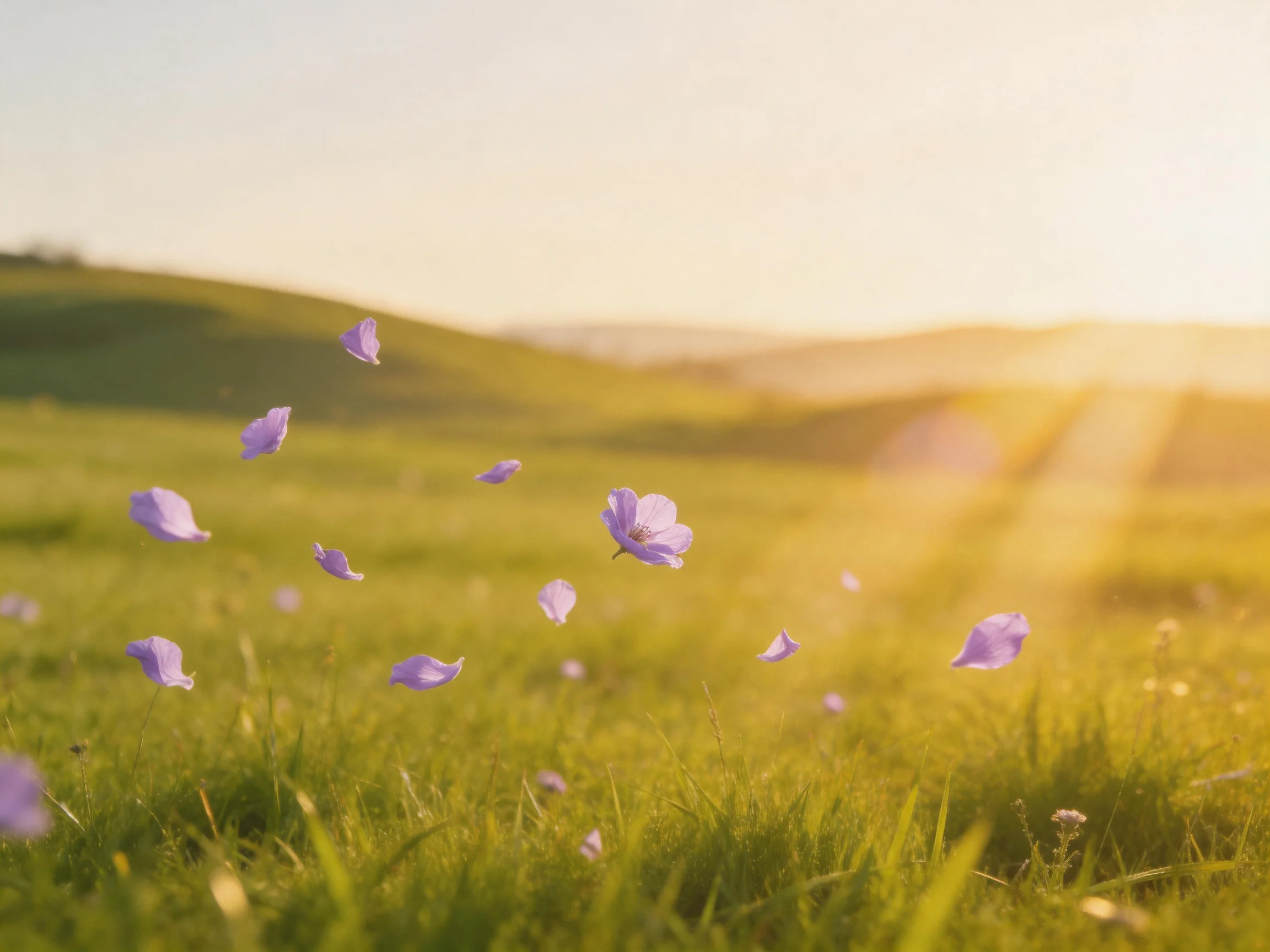 Purple flower petals floating over a sunlit green meadow