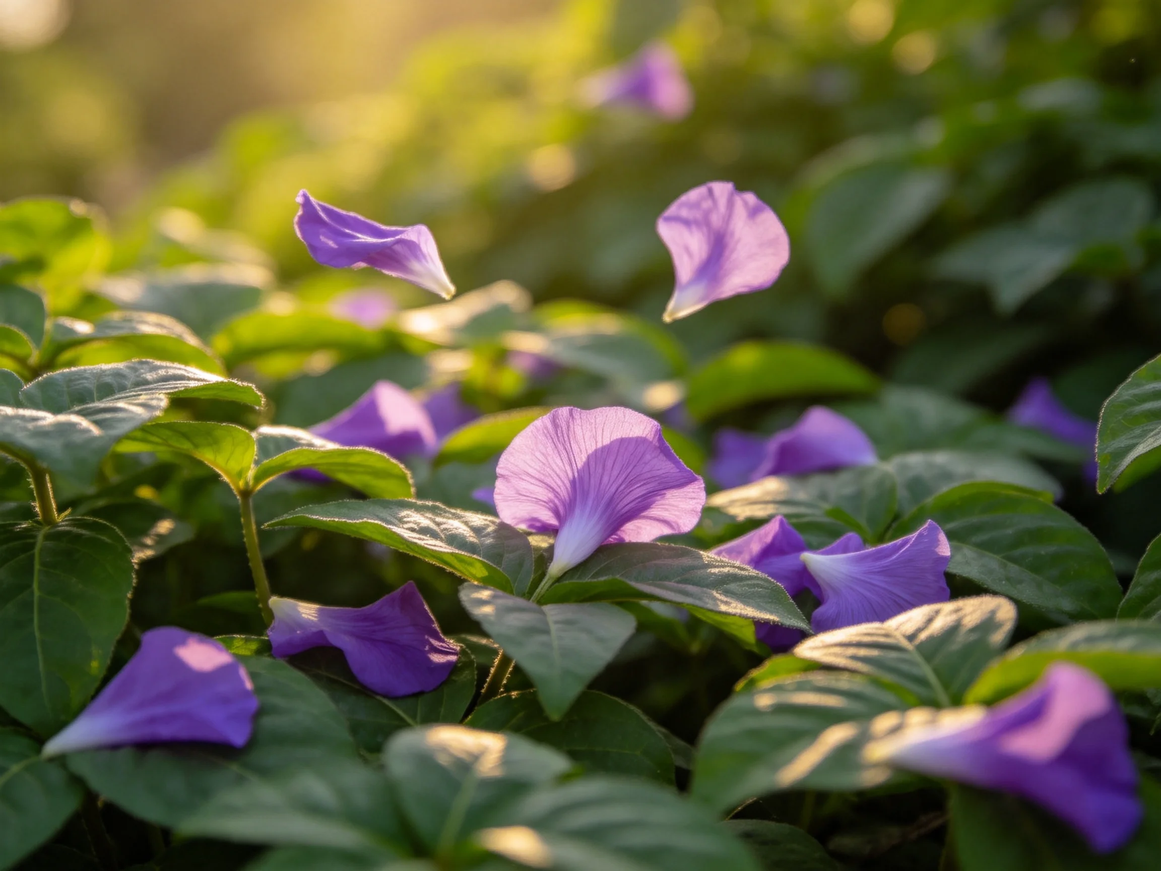 Purple flower petals scattered among lush green foliage in golden light