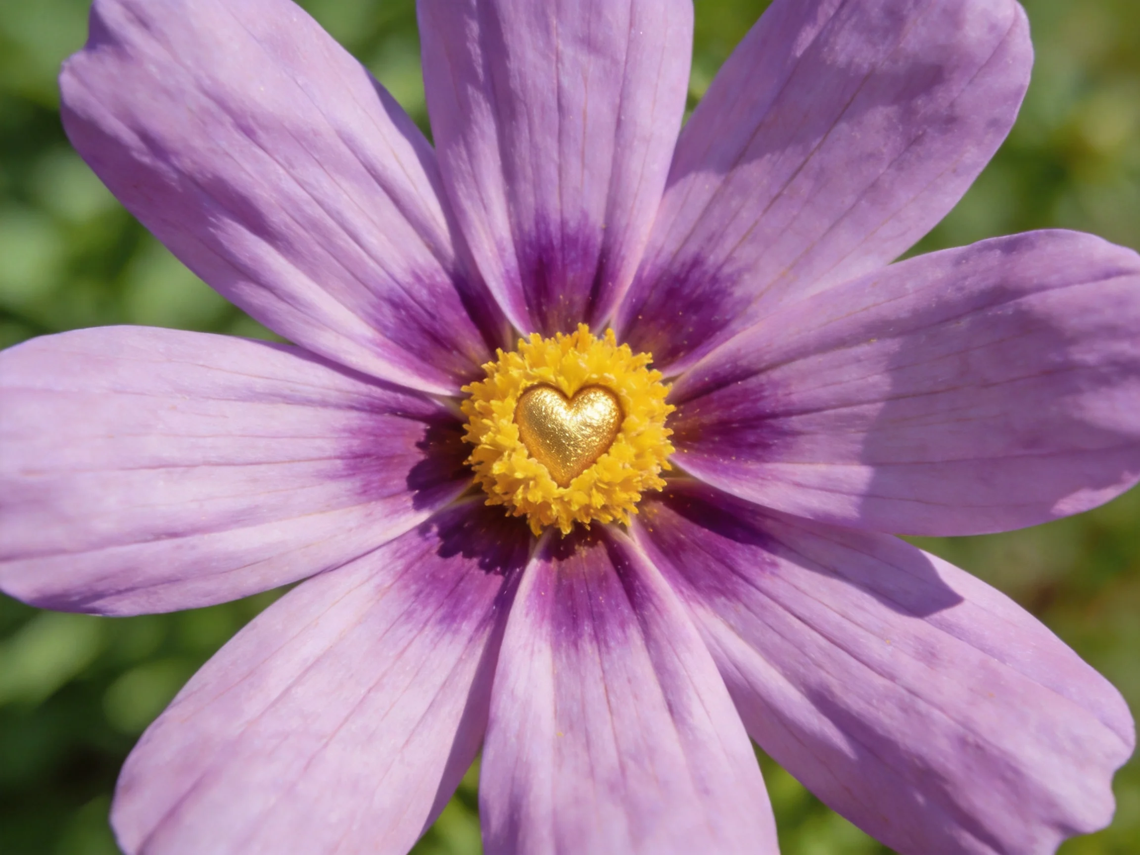 Purple flower with golden heart centered in yellow core