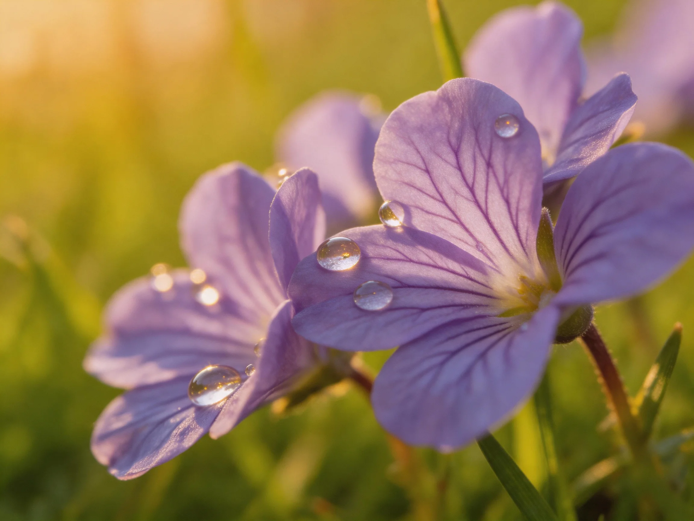 Purple flowers adorned with dewdrops in a sunlit green meadow