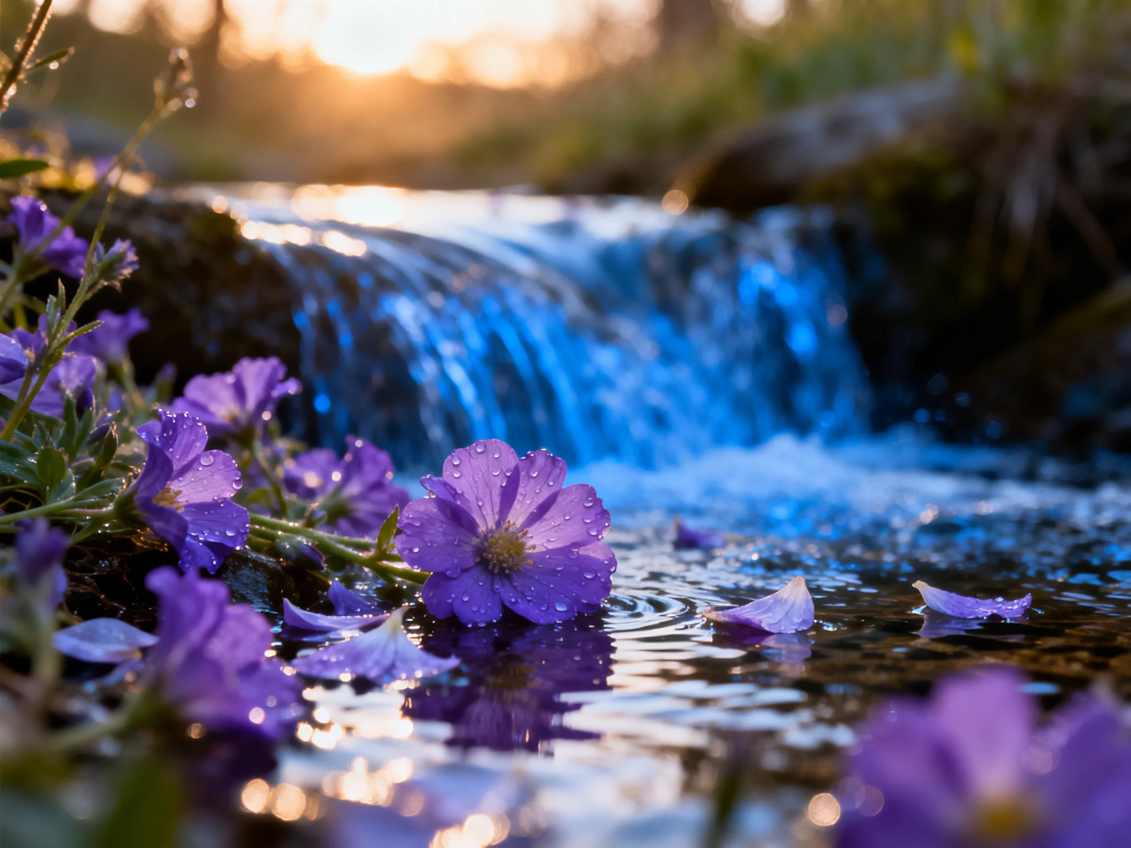 Purple flowers and petals by a small waterfall with golden sunlight